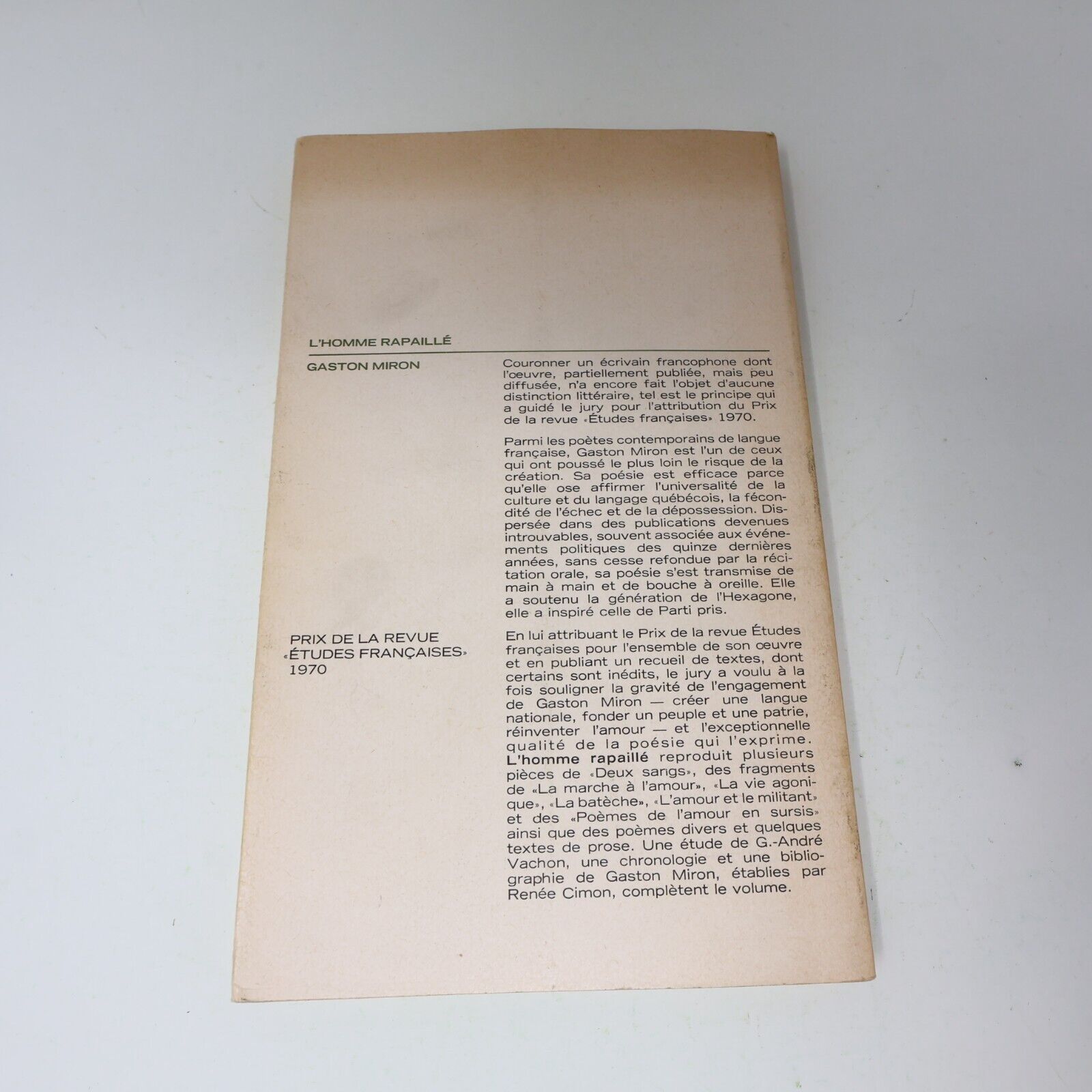 1978 L'Homme Rapaillé Gaston Miron Littérature Québécoise Poésie Français Livre