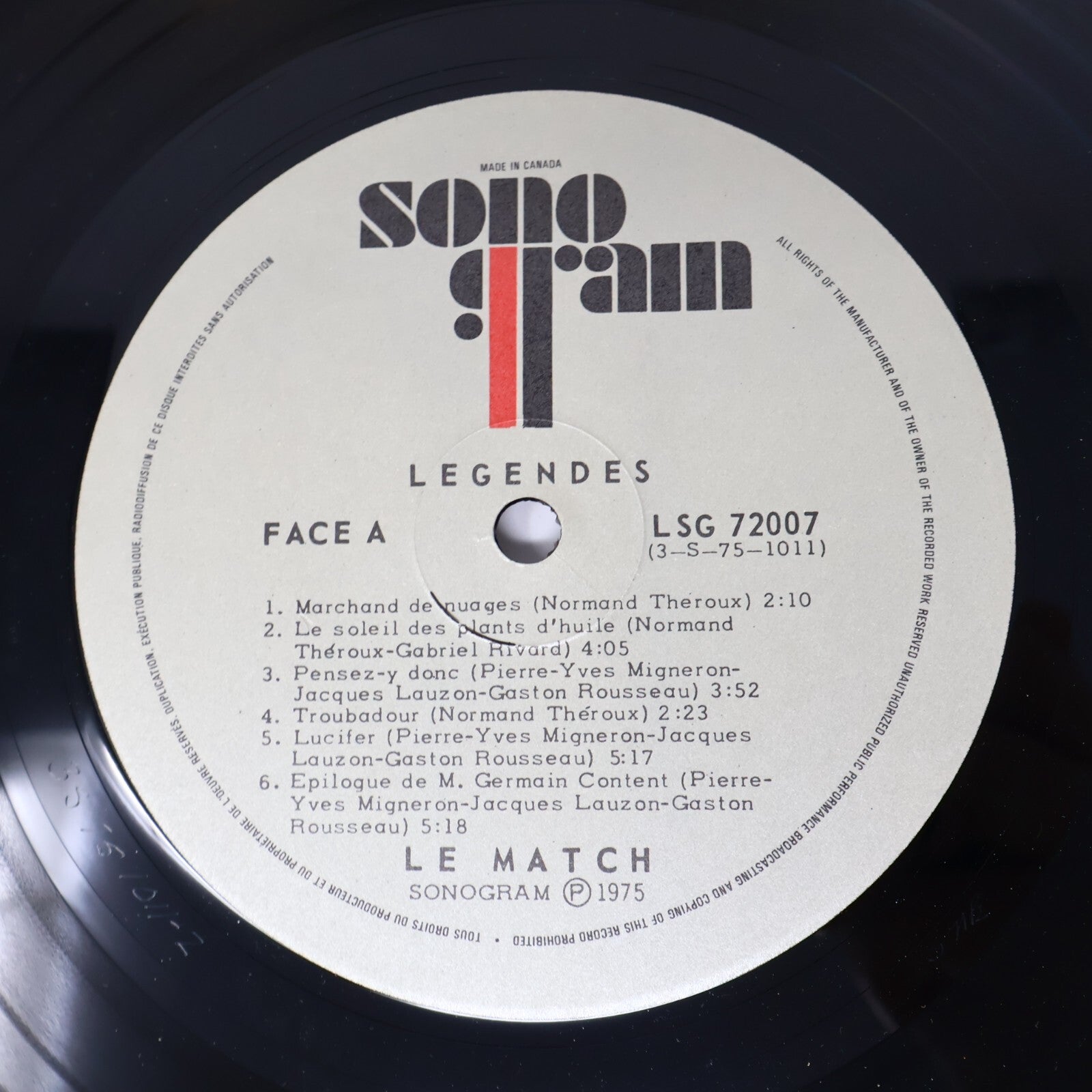 Le Match Légendes Disque LP Record Vinyl 1975 Prog Rock Sonogram LSG-72007
