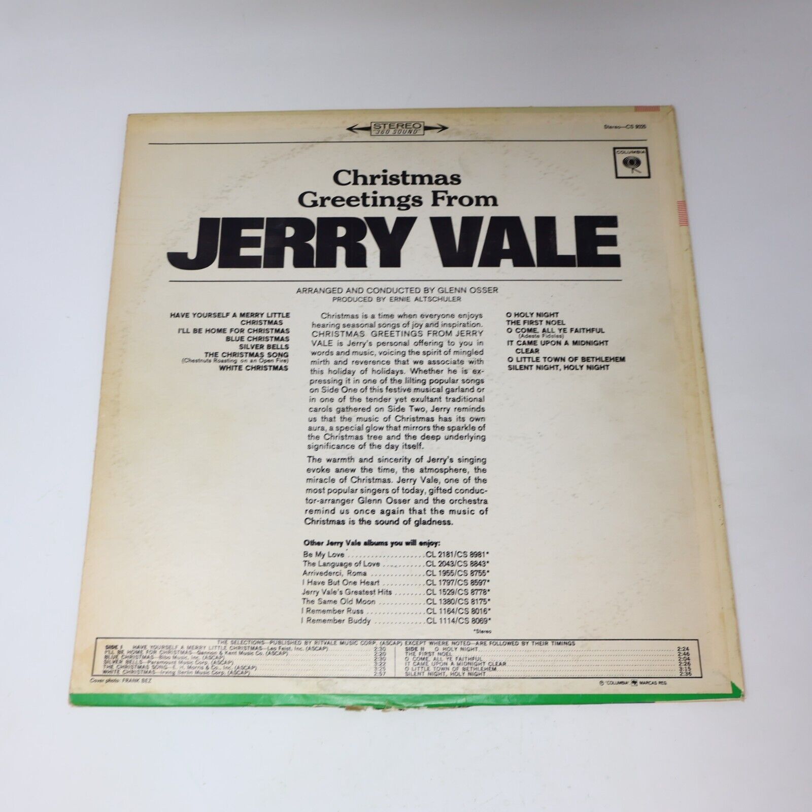 Christmas Greetings From Jerry Vale LP Record CS 9025 Silver Bells Silent Night
