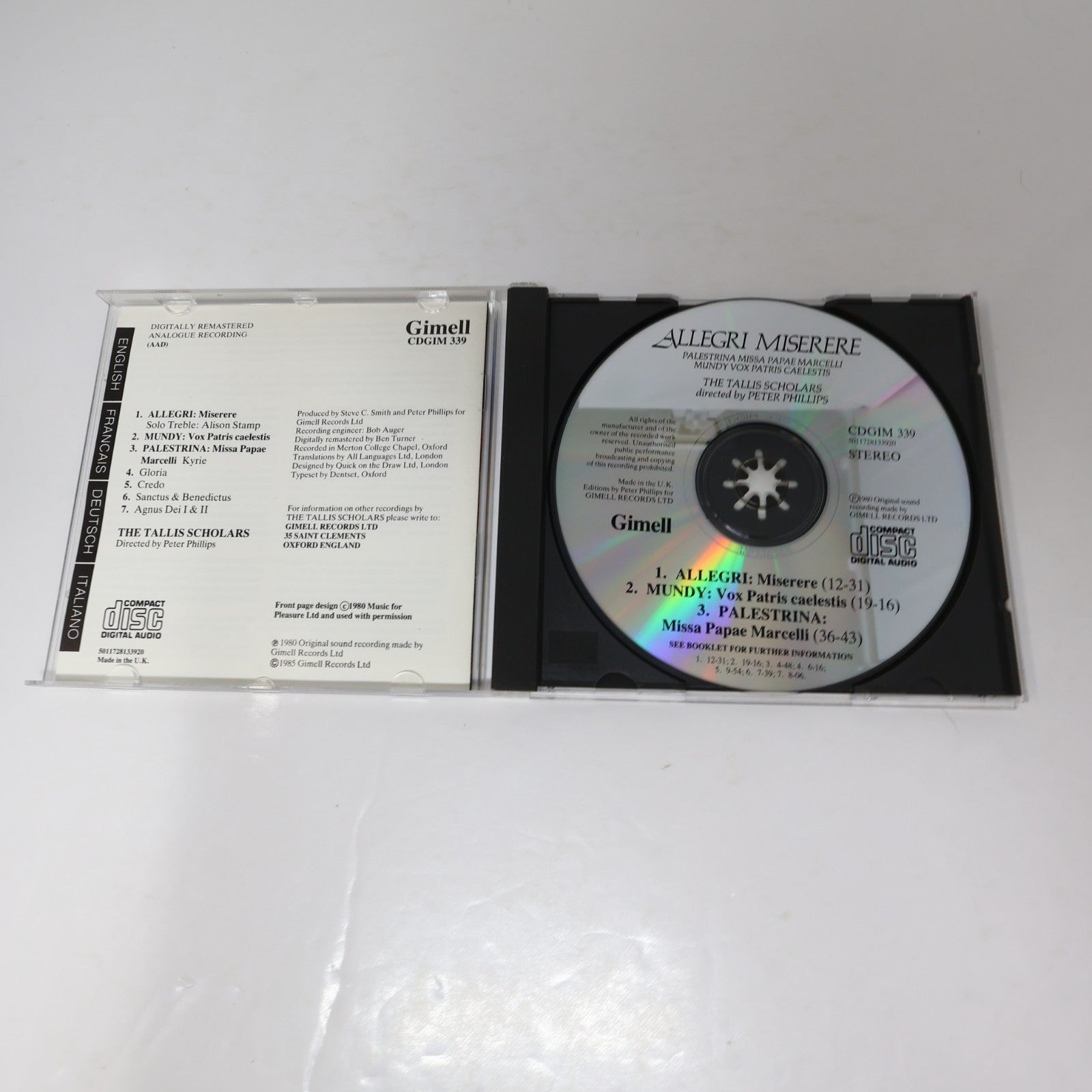Allegri Miserere CD William Mundy/Palestrina/The Tallis Scholars/Peter Phillips