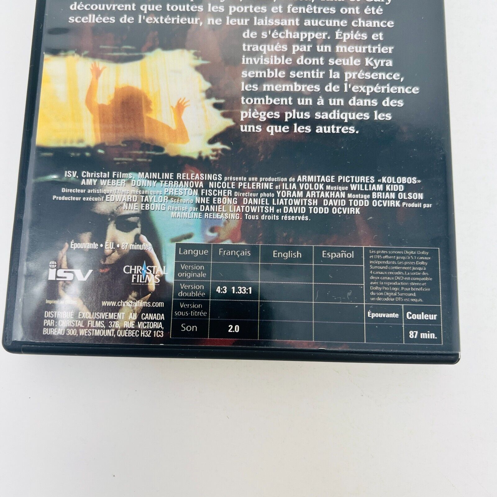 2003 Kolobos DVD Testé Horreur Français/French NTSC Region 1 Christal Films 4:3