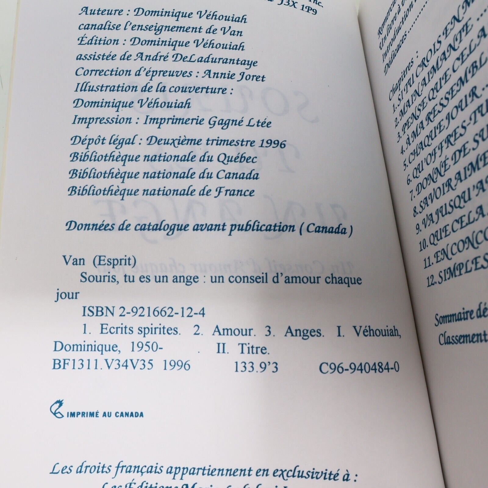 1999 Souris Tu Es un Ange Van Marie Lakshmi Français Paperback Ésotérisme Livre
