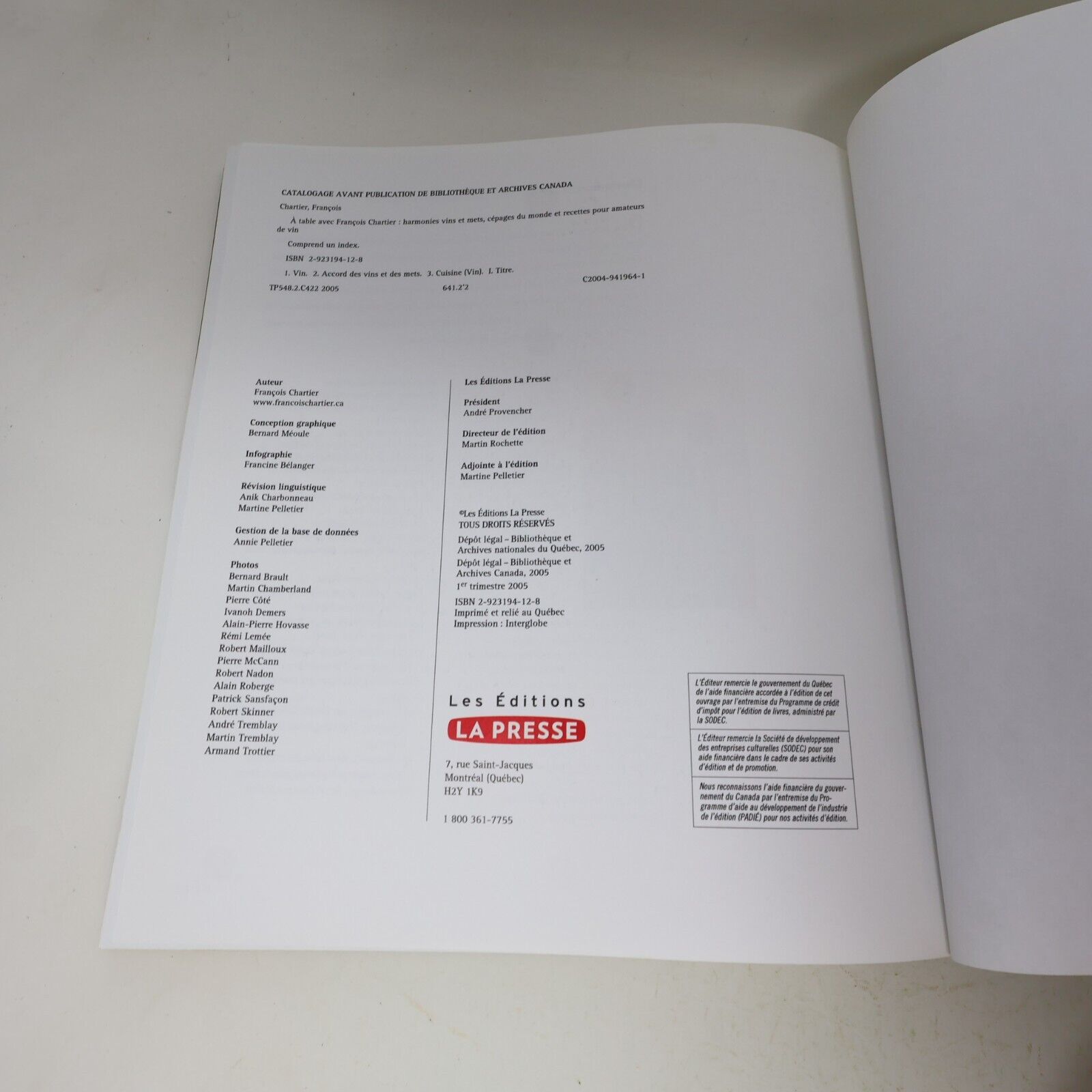 2005 À Table avec François Chartier Cuisine Recettes Vins La Presse Français HC