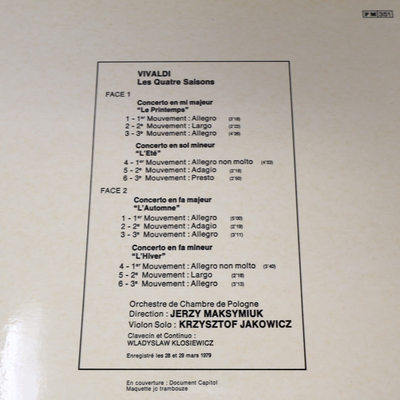 Jerzy Maksymiuk Vivaldi Les Quatre Saisons Orchestre Pologne Record C 059-03707