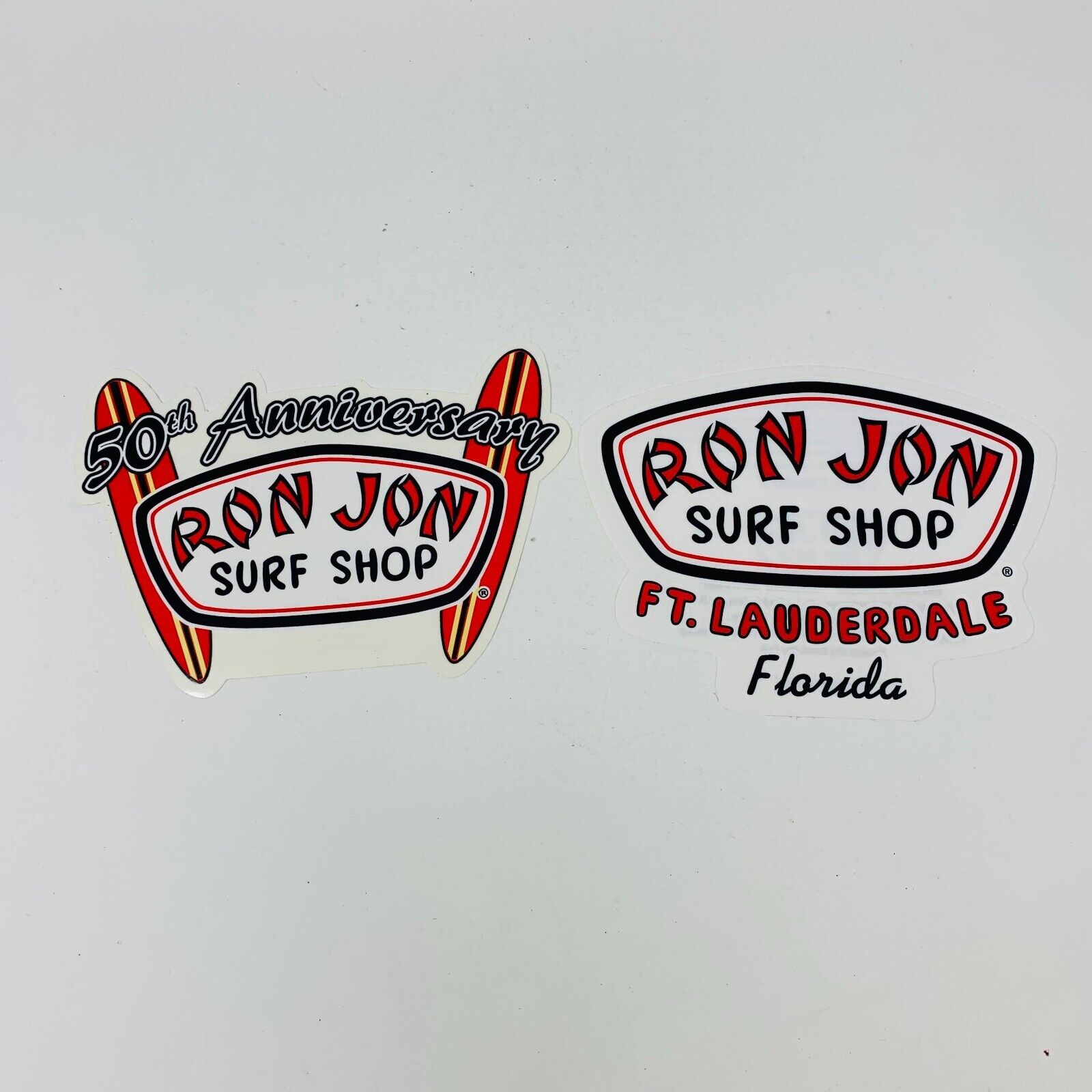 Lot of 2 Ron Jon Surf Shop Stickers 50th Anniversary/FT. Lauderdale Florida
