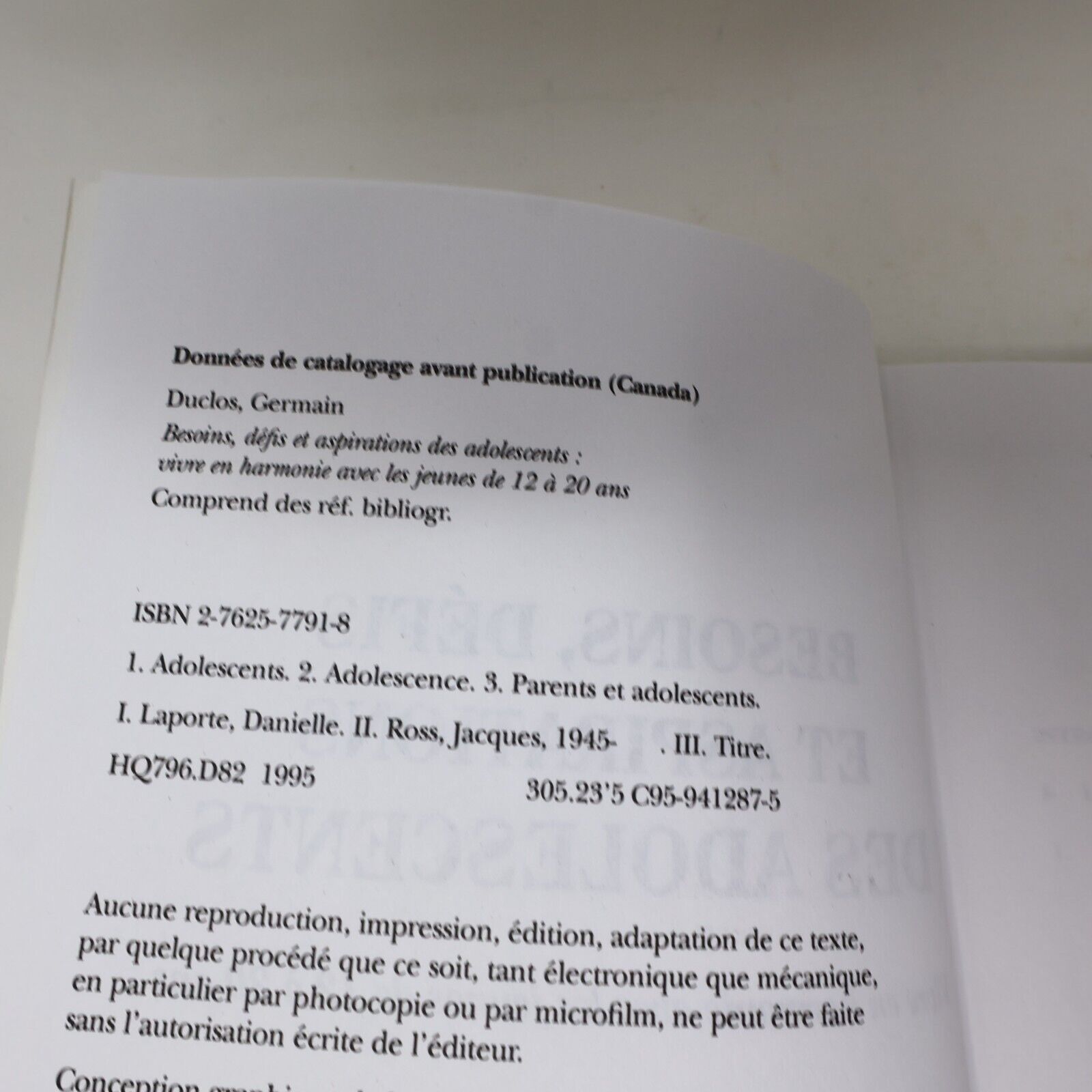 1995 Besoins Défis et Aspirations des Adolescents Éducation Parentalité Français