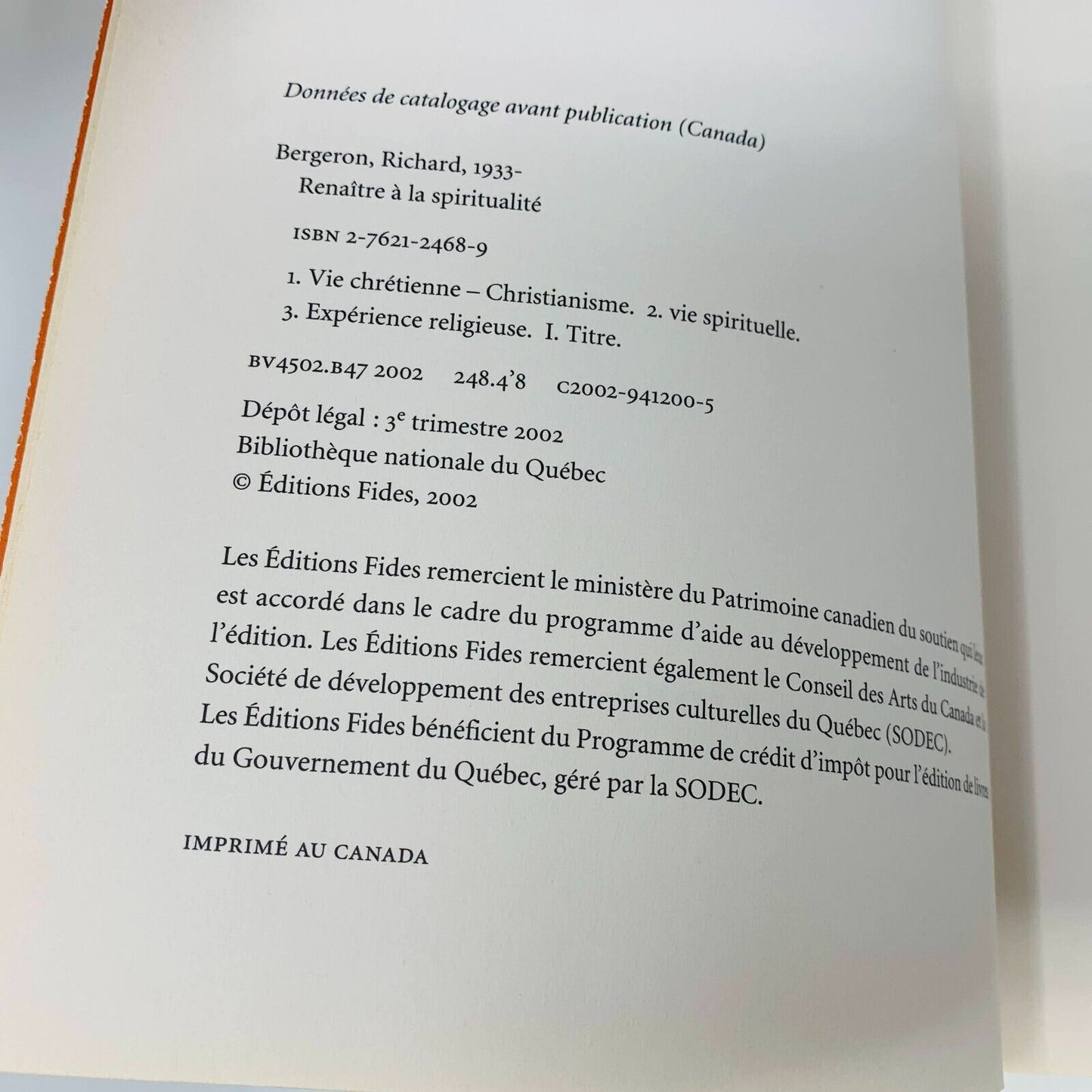 2002 Renaître à la Spiritualité Livre Fides de Richard Bergeron Vie Chrétienne