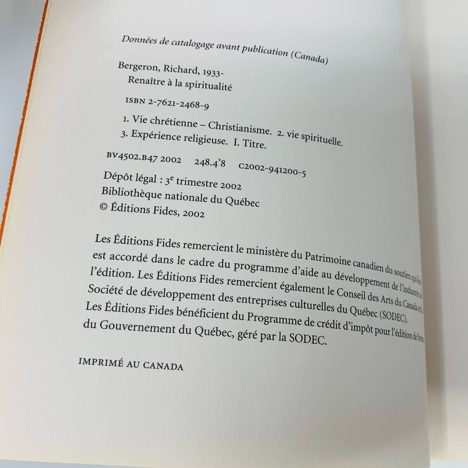 2002 Renaître à la Spiritualité Livre Fides de Richard Bergeron Vie Chrétienne