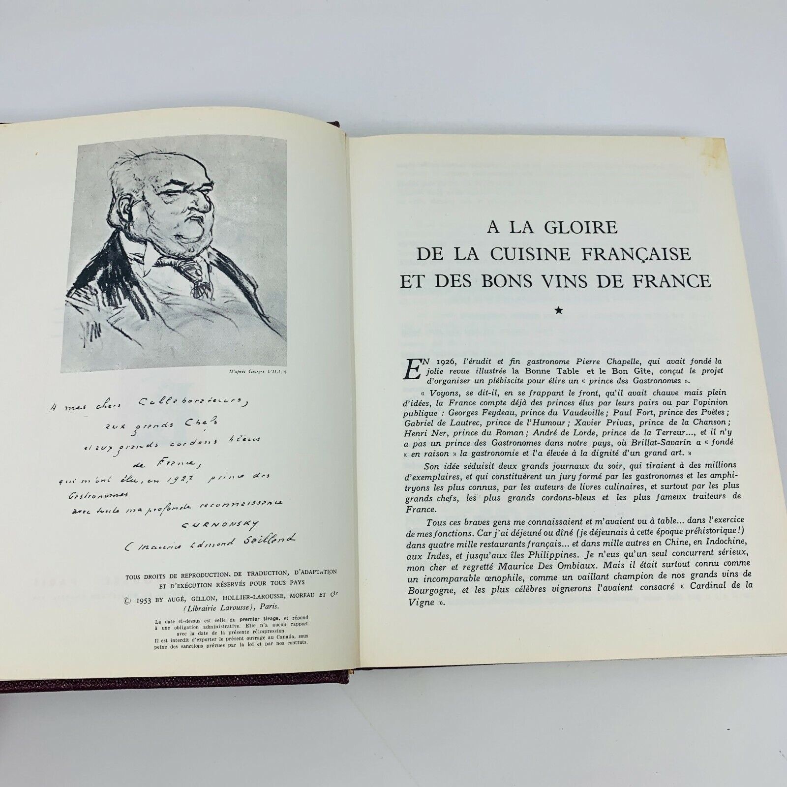 1953 Curnonsky Cuisine et Vins de France Larousse Livre de Recettes Cookbook