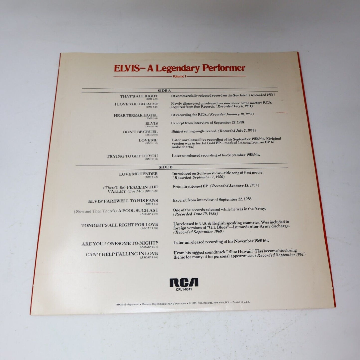 Elvis Presley A Legendary Performer Volume 1 LP Record RCA CPL1-0341 Canada 1974