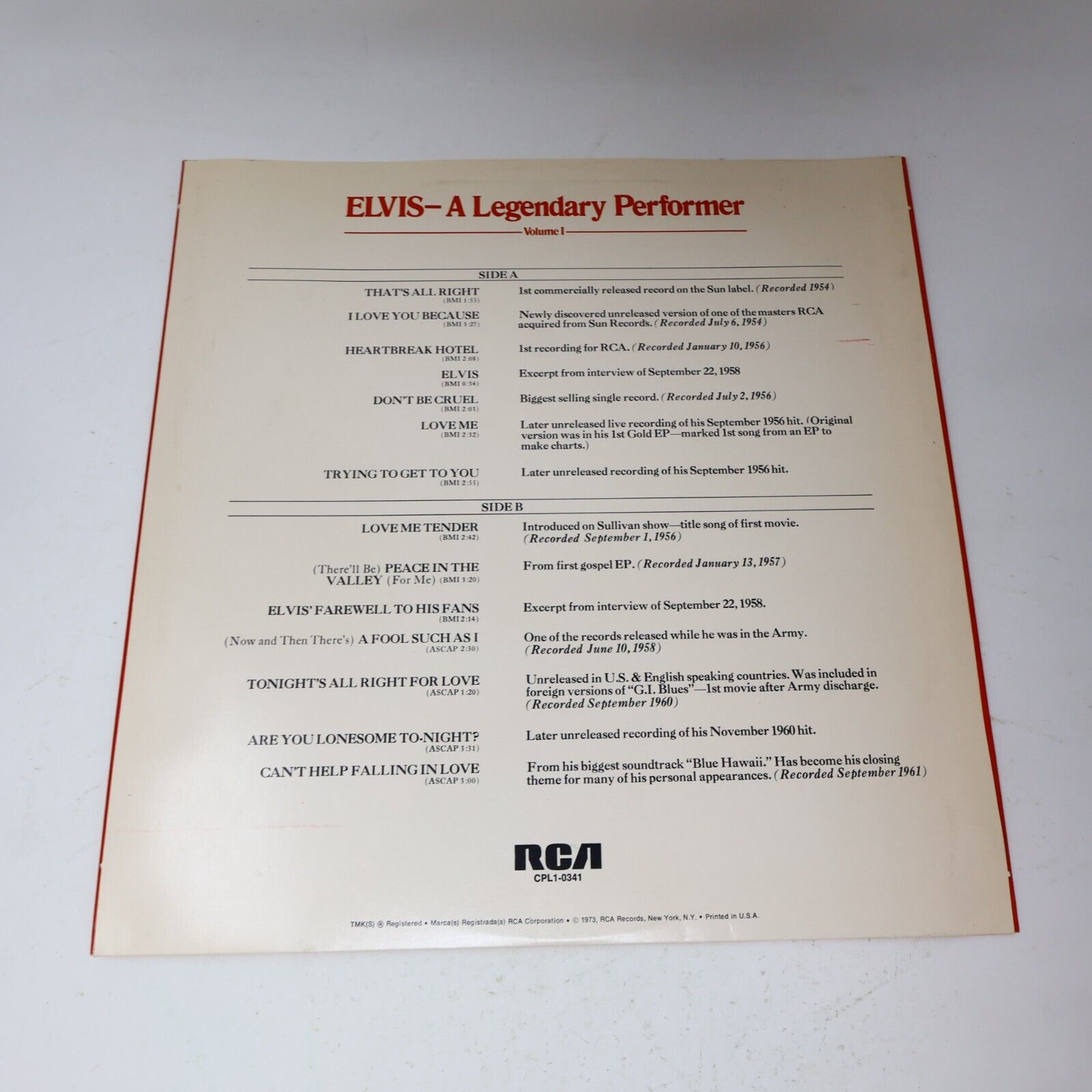 Elvis Presley A Legendary Performer Volume 1 LP Record RCA CPL1-0341 Canada 1974