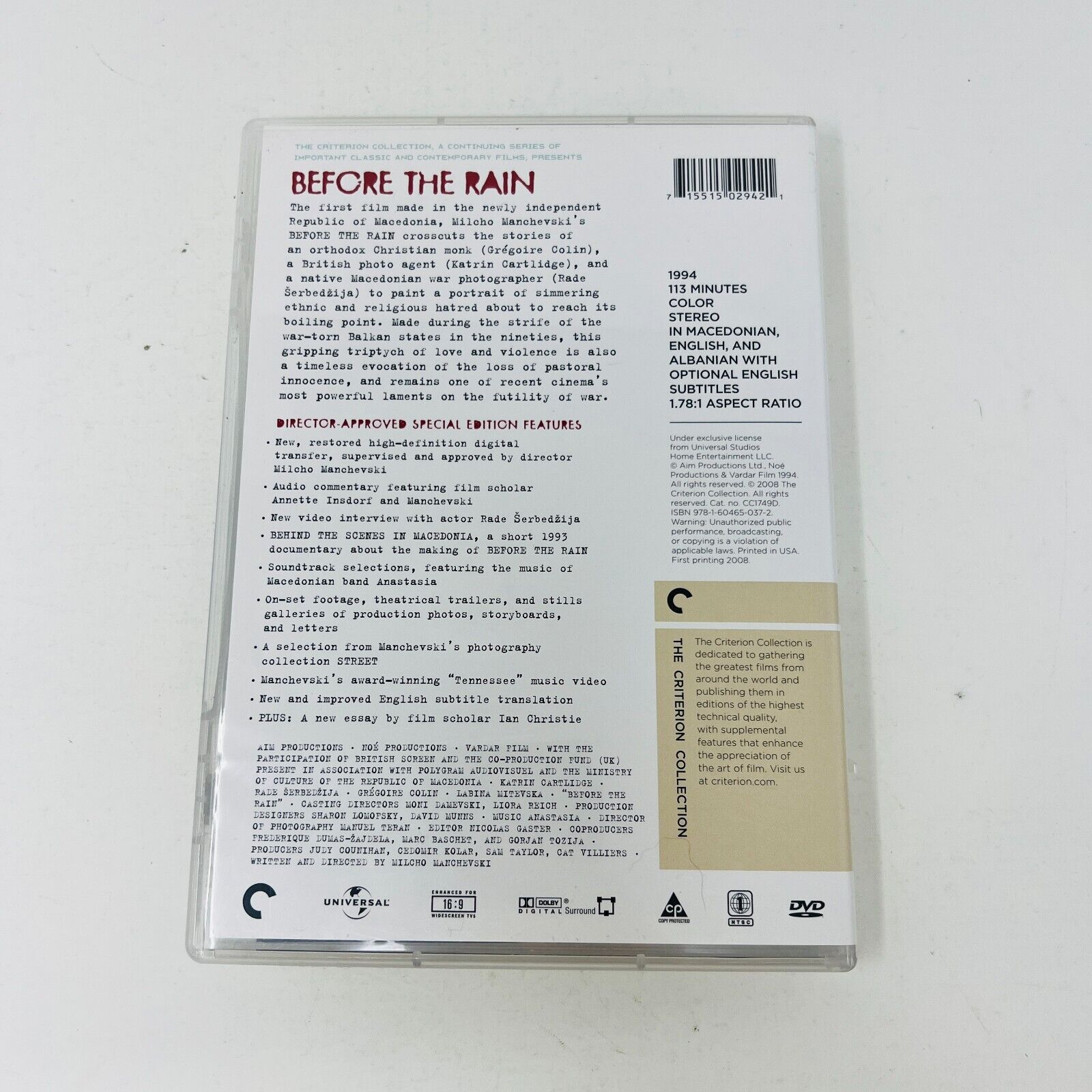2008 Before the Rain DVD Tested Criterion Collection Film by Milcho Manchevski