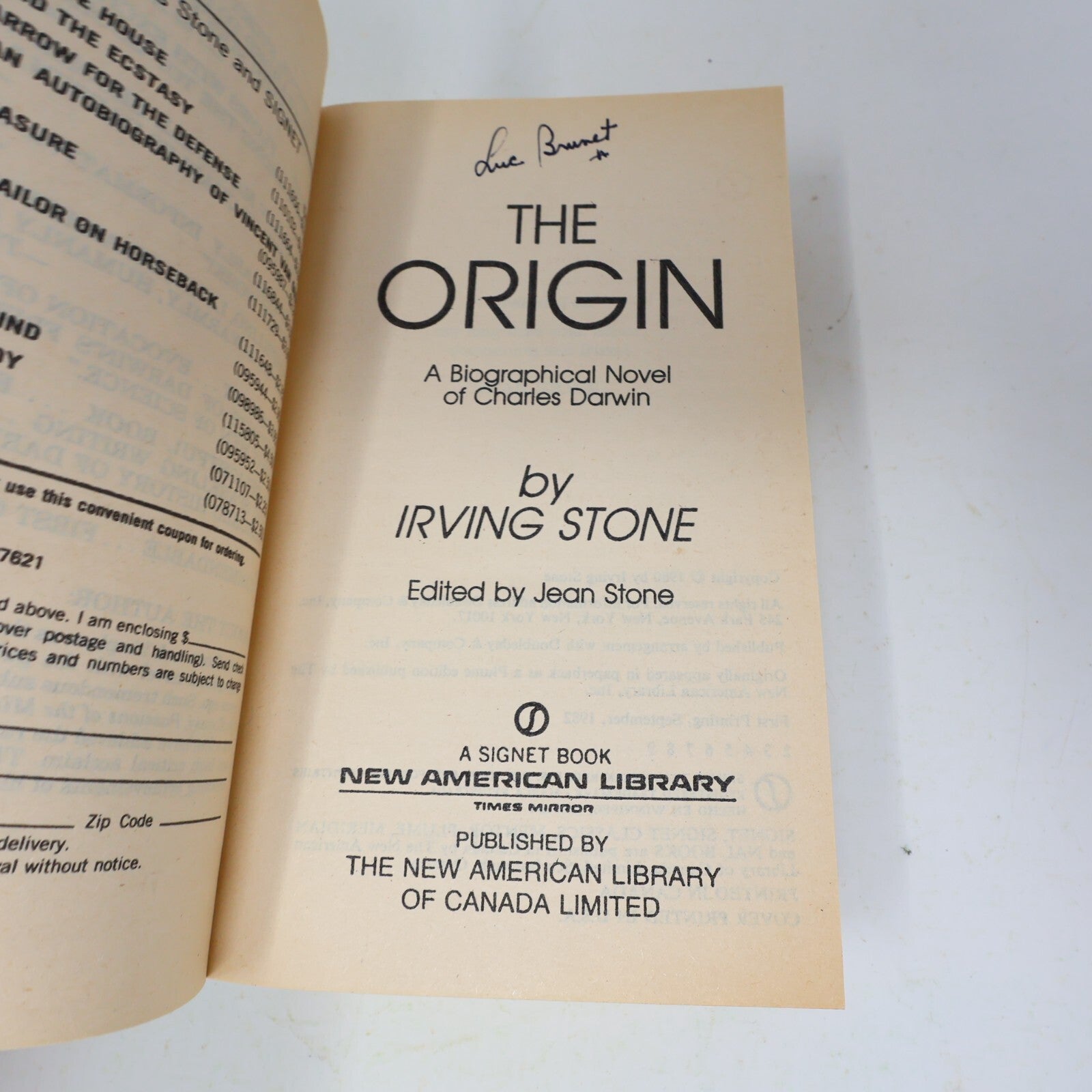 1982 The Origin a Biographical Novel of Charles Darwin Irving Stone Signet Book