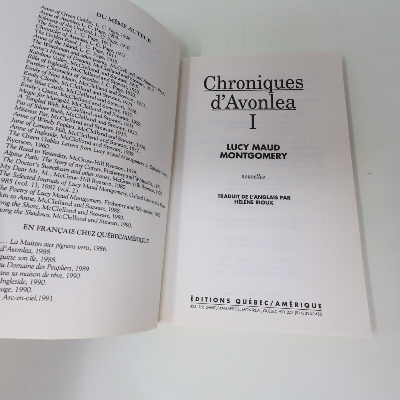 Lot 2 Livres Chroniques d'Avonlea #1-2 de Lucy Maud Montgomery Québec Amérique