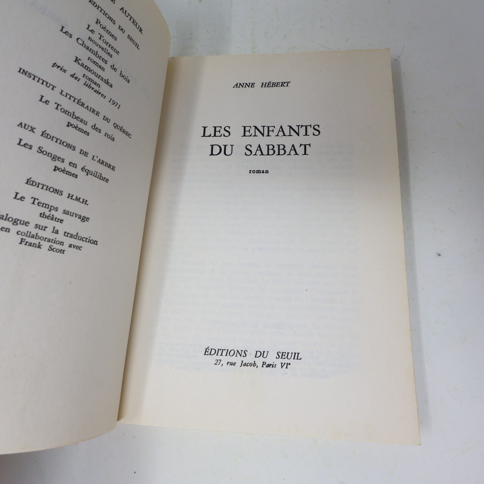 Anne Hébert Lot 2 Livres Kamouraska/Les Enfants du Sabbat Littérature Québécoise