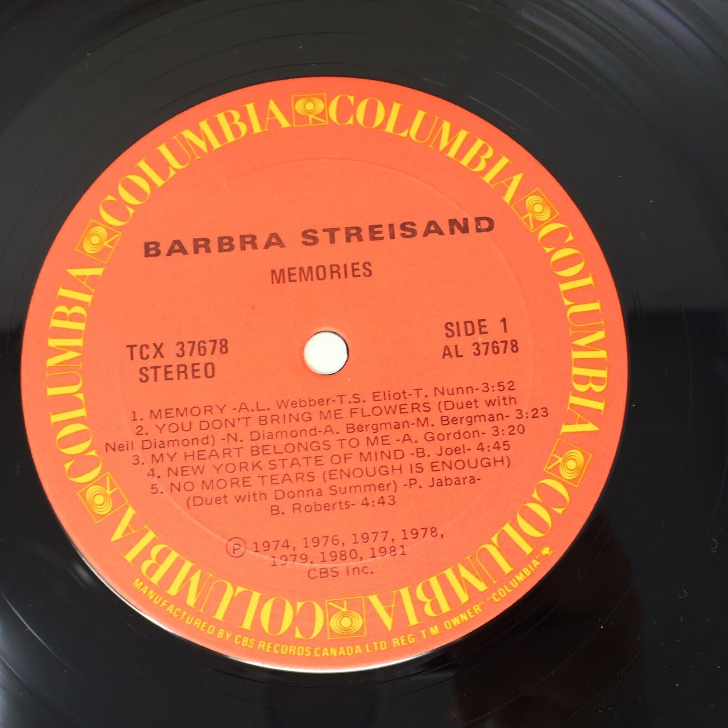 Barbra Streisand Memories LP Record Vinyl 1981 Columbia TC 37678 Canada Memory