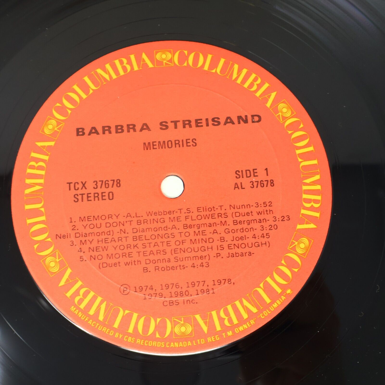 Barbra Streisand Memories LP Record Vinyl 1981 Columbia TC 37678 Canada Memory