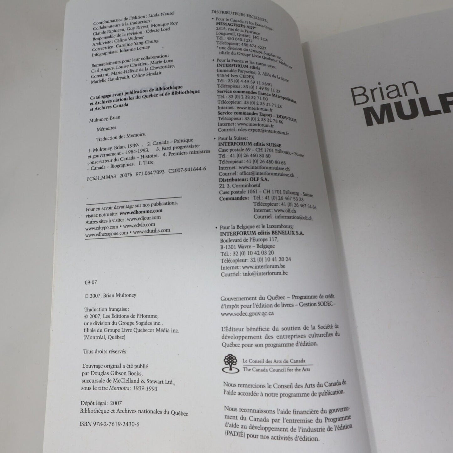 2007 Mémoires Brian Mulroney Biographie Politique Canada De L'homme Français PB