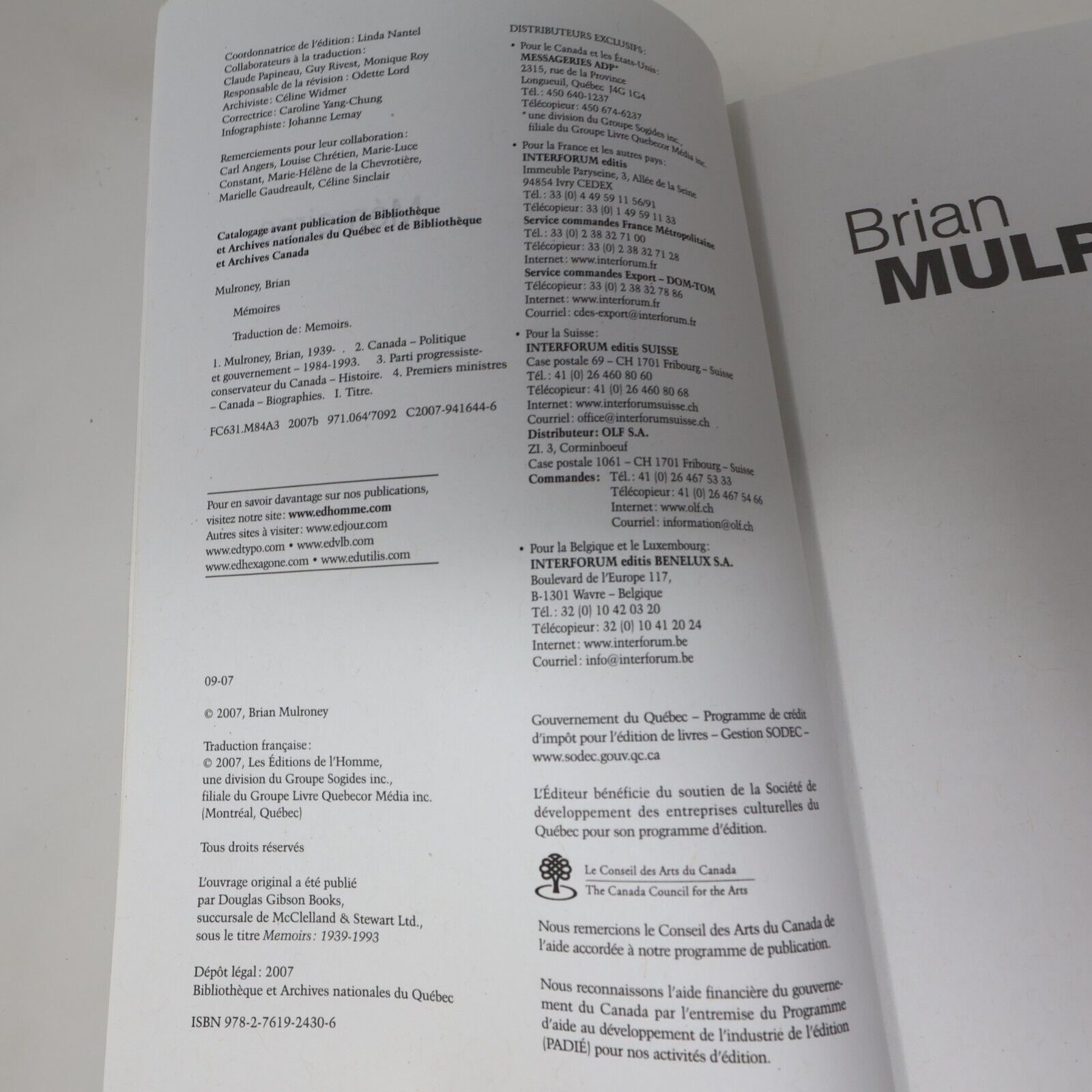 2007 Mémoires Brian Mulroney Biographie Politique Canada De L'homme Français PB