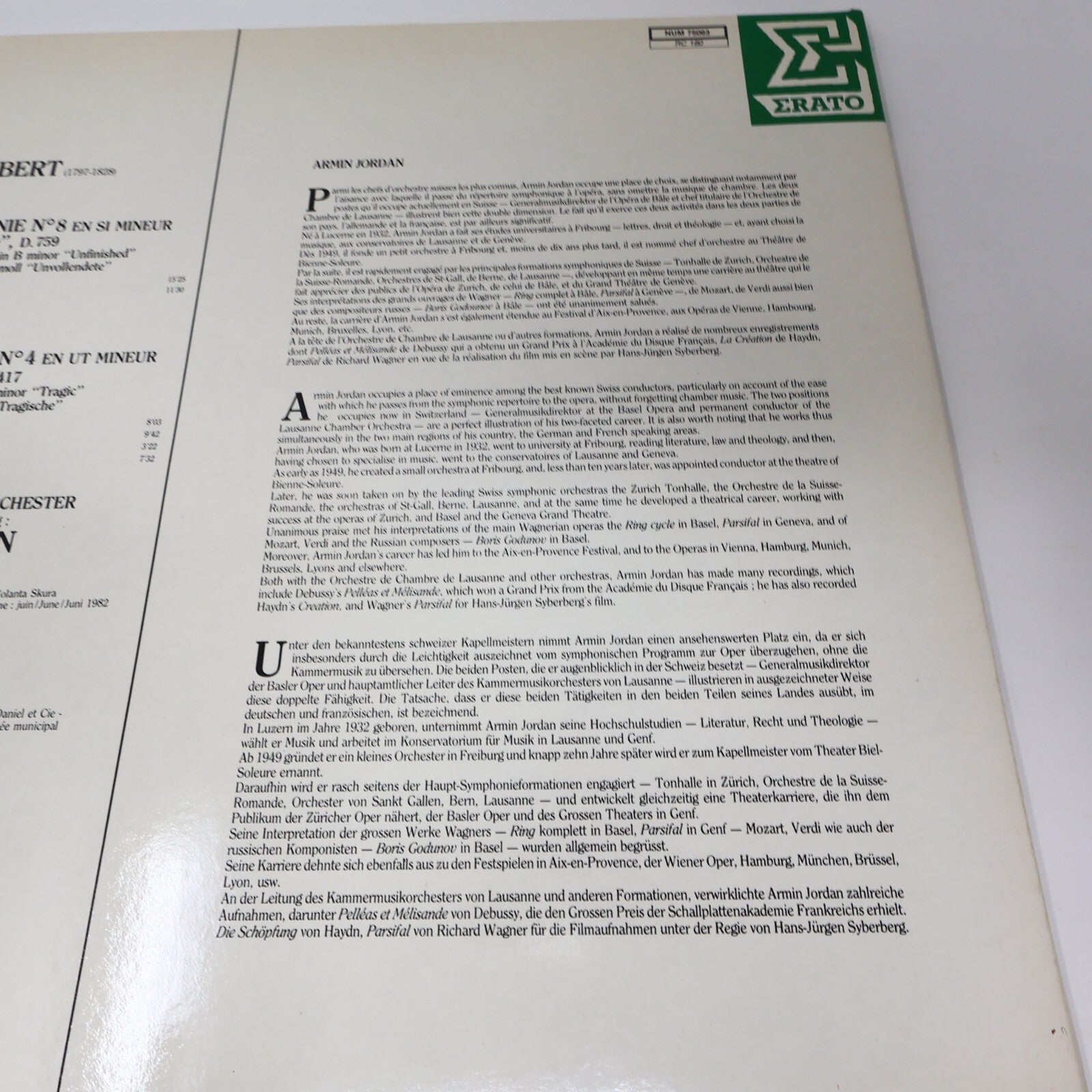 Schubert Basler Sinfonieorchester Armin Jordan Symphonie #8 4 Record NUM 75063