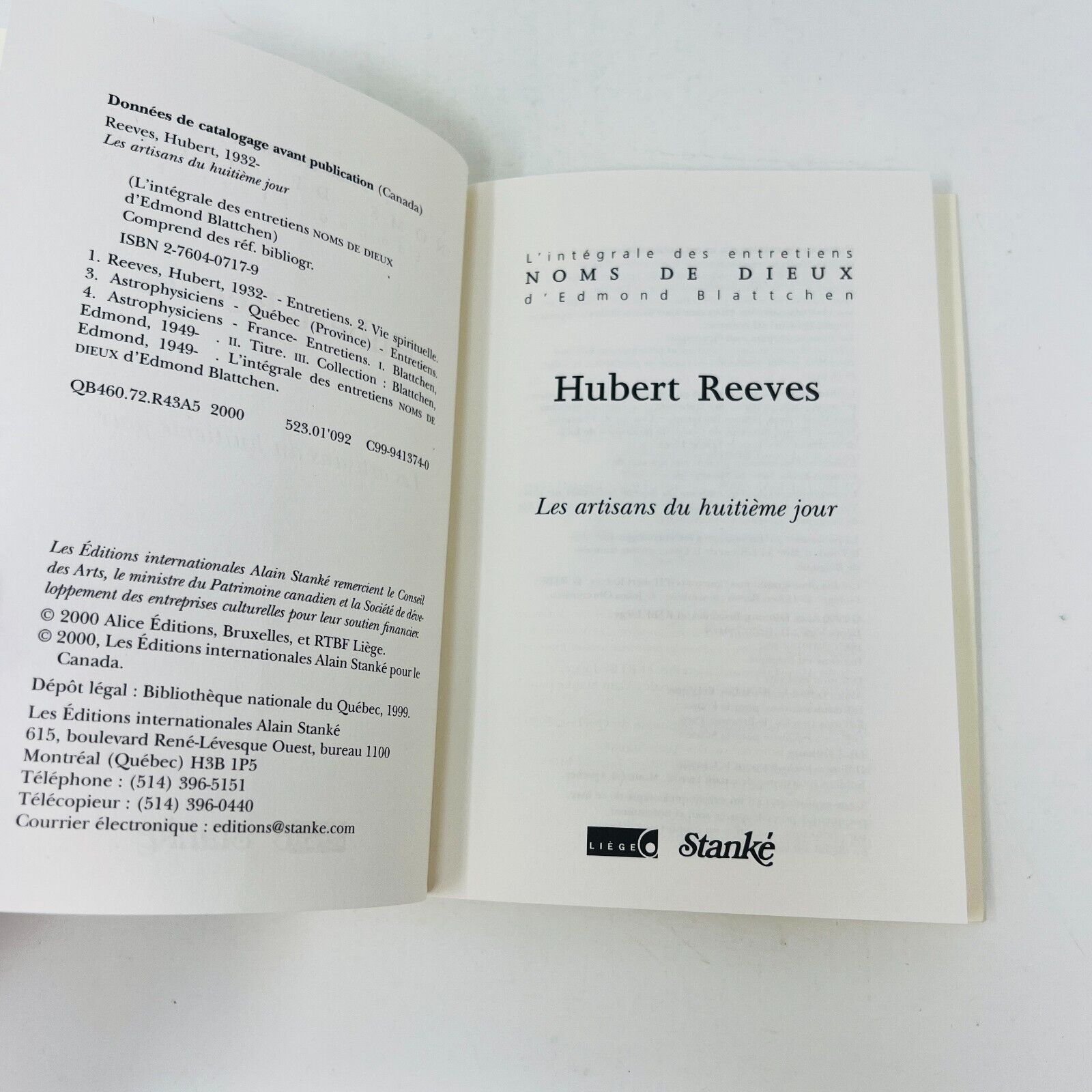 Hubert Reeves Les Artisans du Huitième Jour Stanké Noms de Dieux Blattchen 2000