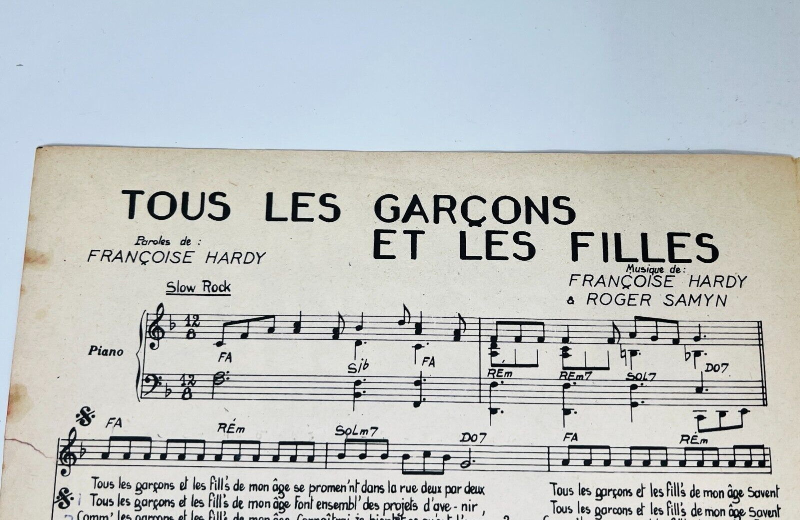1962 Tous les Garçons et les Filles Françoise Hardy/Samyn Partition Sheet Music