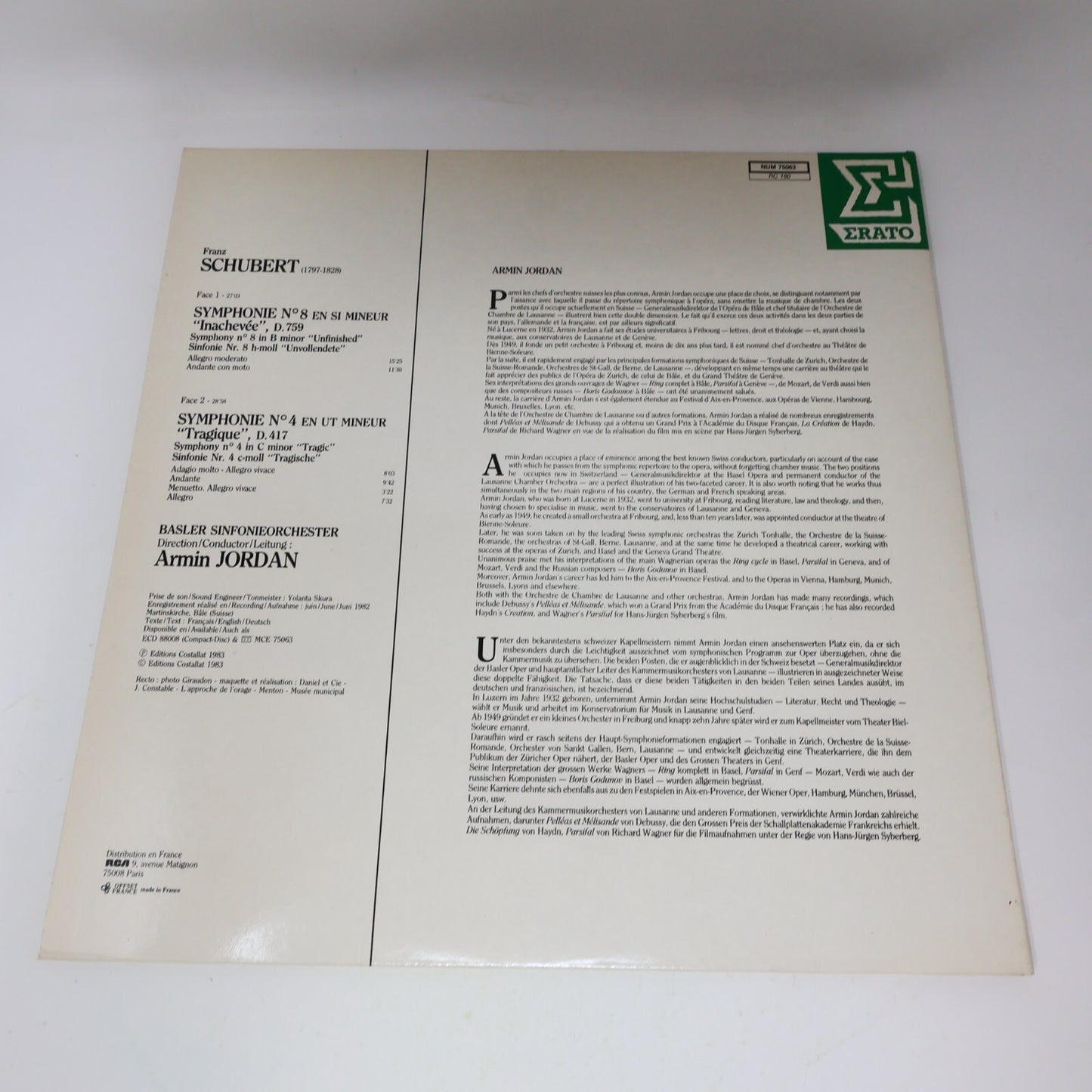 Schubert Basler Sinfonieorchester Armin Jordan Symphonie #8 4 Record NUM 75063
