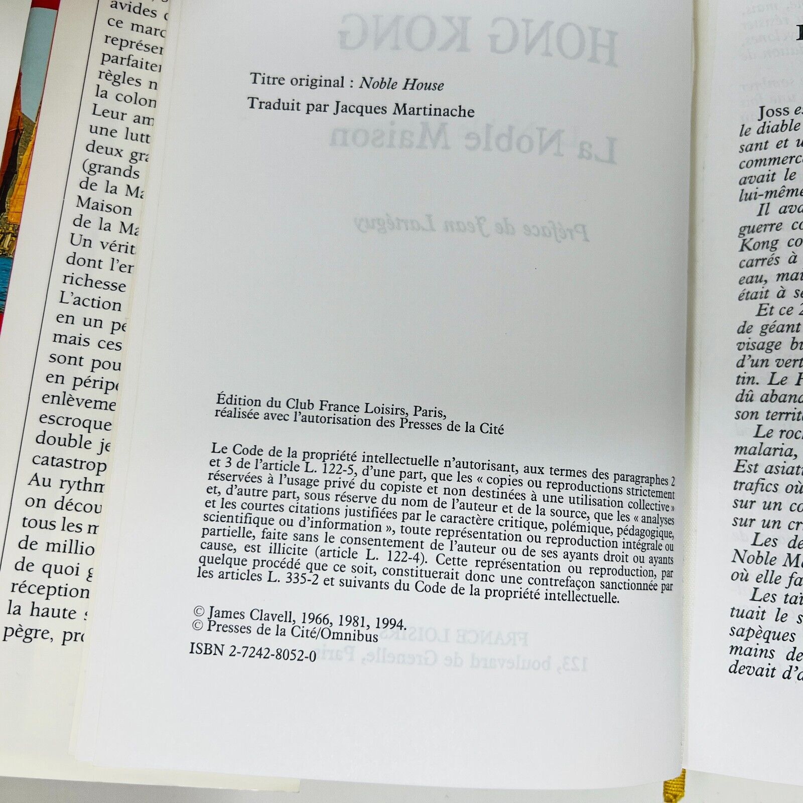 1994 La Noble Maison de James Clavell France Loisirs Français/French Noble House