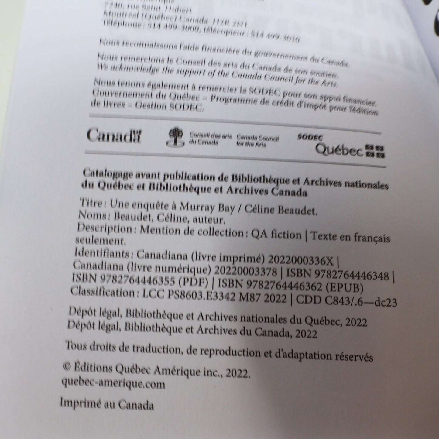2022 Une Enquête à Murray Bay Céline Beaudet Roman Policier Québec Français PB