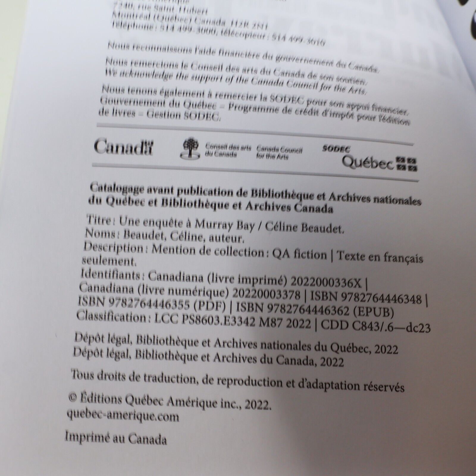 2022 Une Enquête à Murray Bay Céline Beaudet Roman Policier Québec Français PB