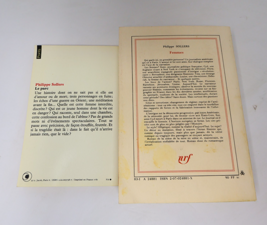 Philippe Sollers Lot 2 Livres Femmes/Le Parc Littérature Française Roman France