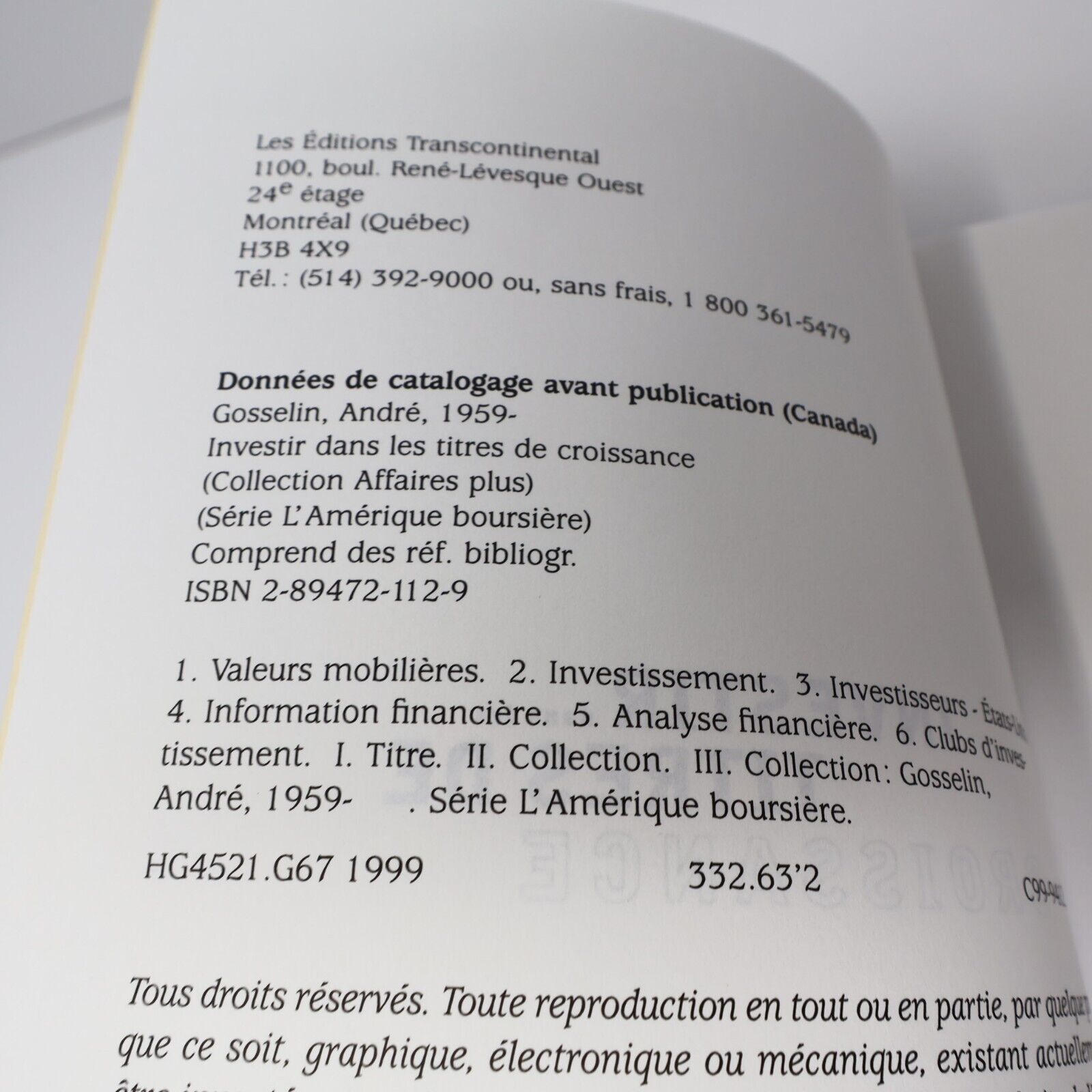 1999 L'Amérique Boursière #2 Investir dans les Titres de Croissance Bourse Livre