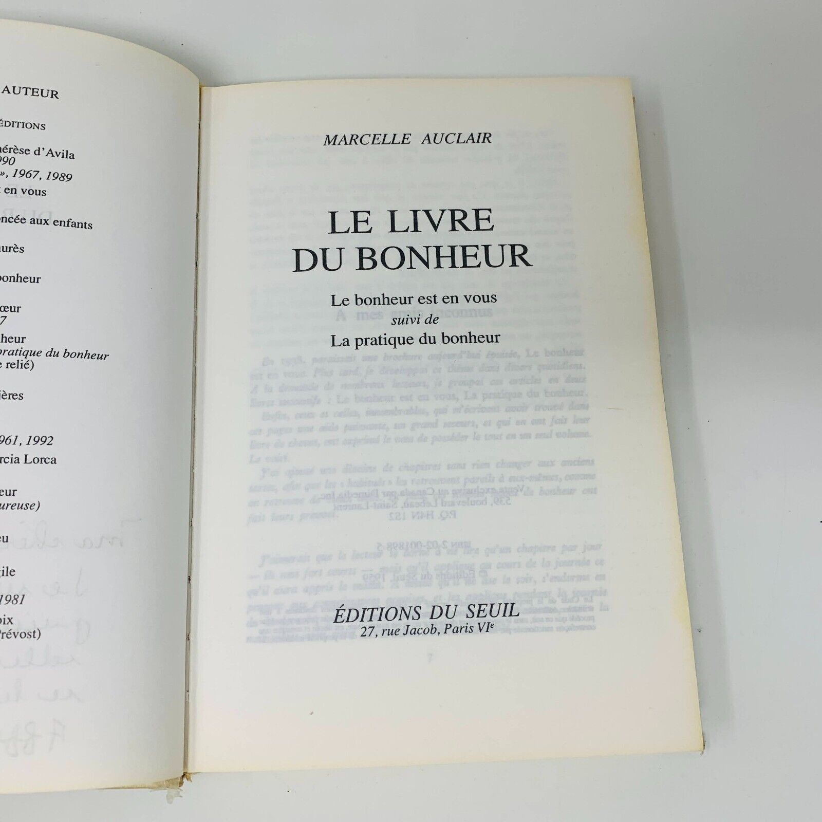 Le Livre du Bonheur Marcelle Auclair Éditions du Seuil Français Hardcover 80s