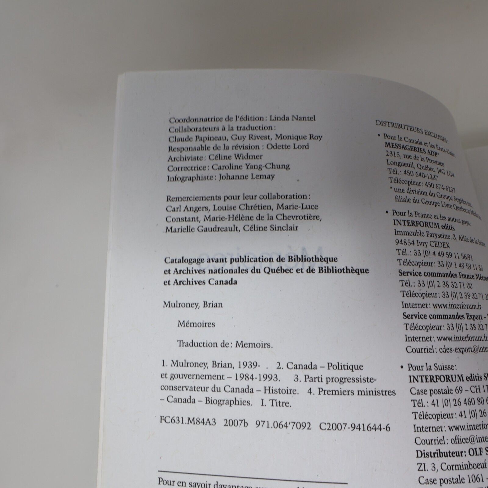 2007 Mémoires Brian Mulroney Biographie Politique Canada De L'homme Français PB