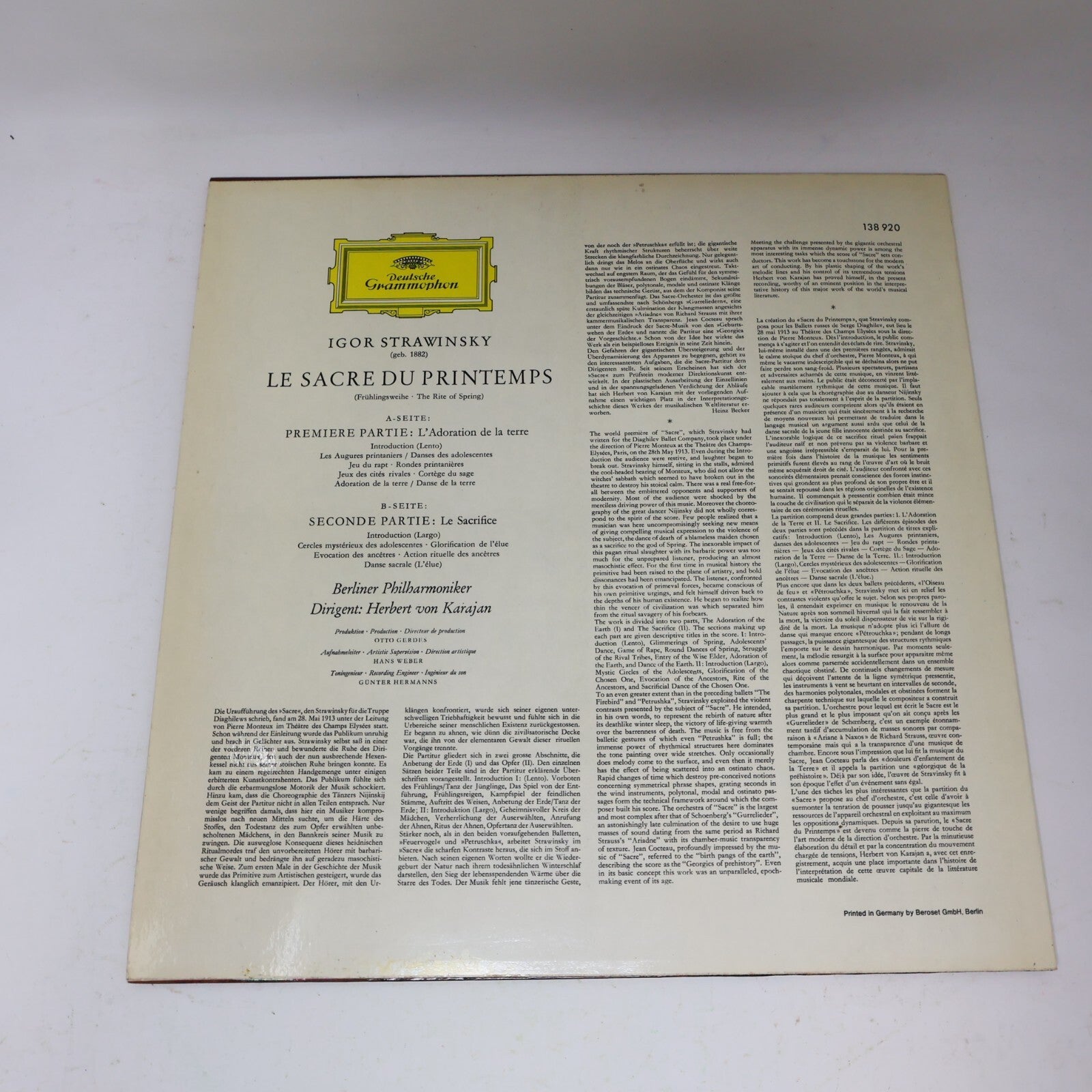 Herbert von Karajan Strawinsky Le Sacre du Printemps Berliner LP Record 138 920