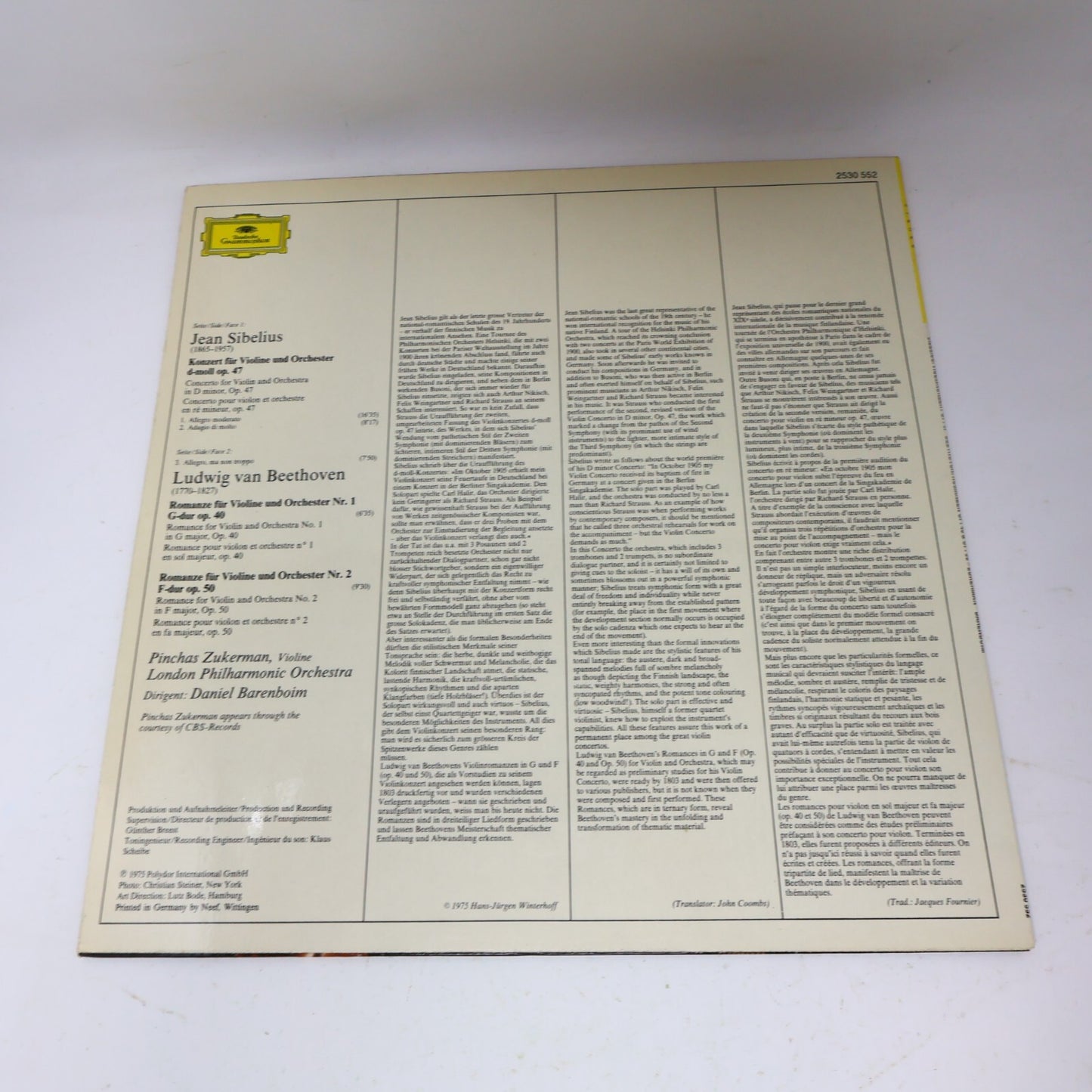 Pinchas Zukerman Daniel Barenboim Sibelius Beethoven Violin LP Record 2530 552