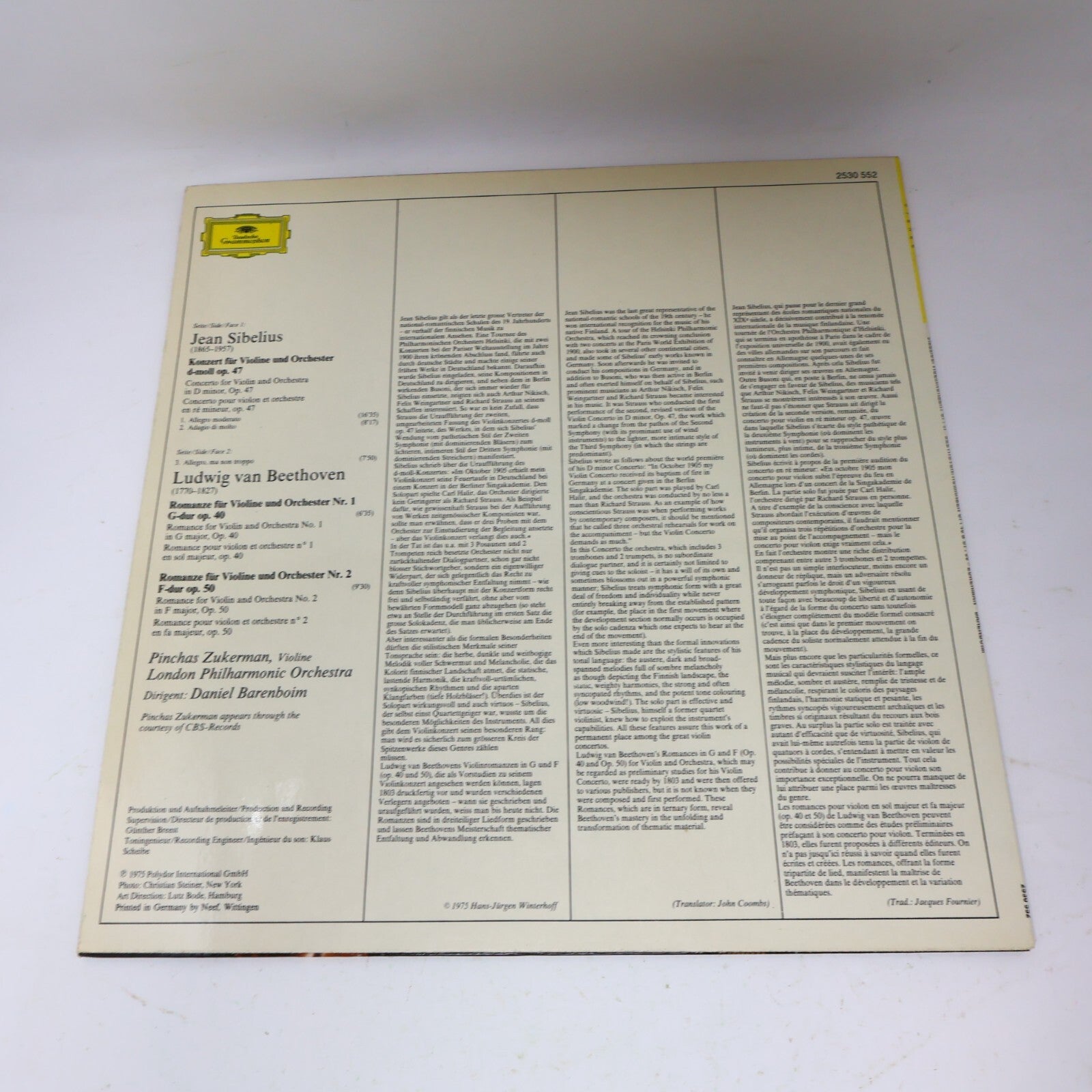 Pinchas Zukerman Daniel Barenboim Sibelius Beethoven Violin LP Record 2530 552