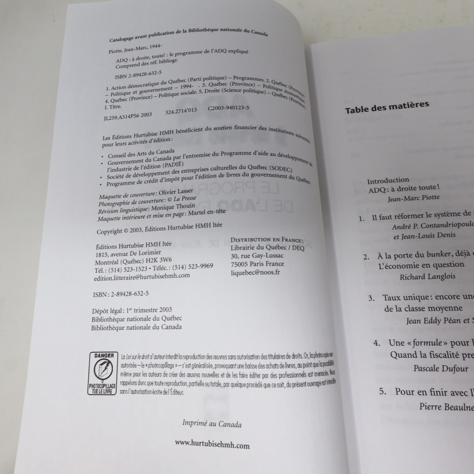 2003 Adq à Droite Toute! le Programme de l'Adq Expliqué Jean-Marc Piotte Hmh PB