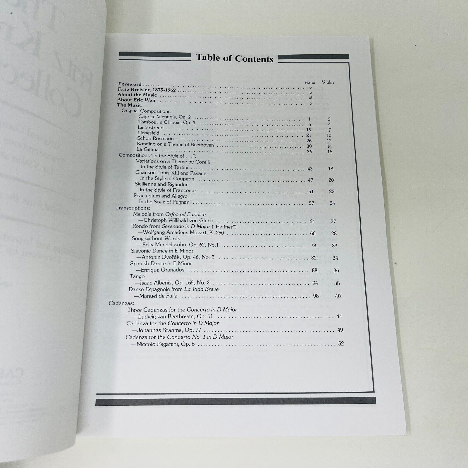 1990 The Fritz Kreisler Collection Songbook Piano/Violin PB Carl Fisher Music