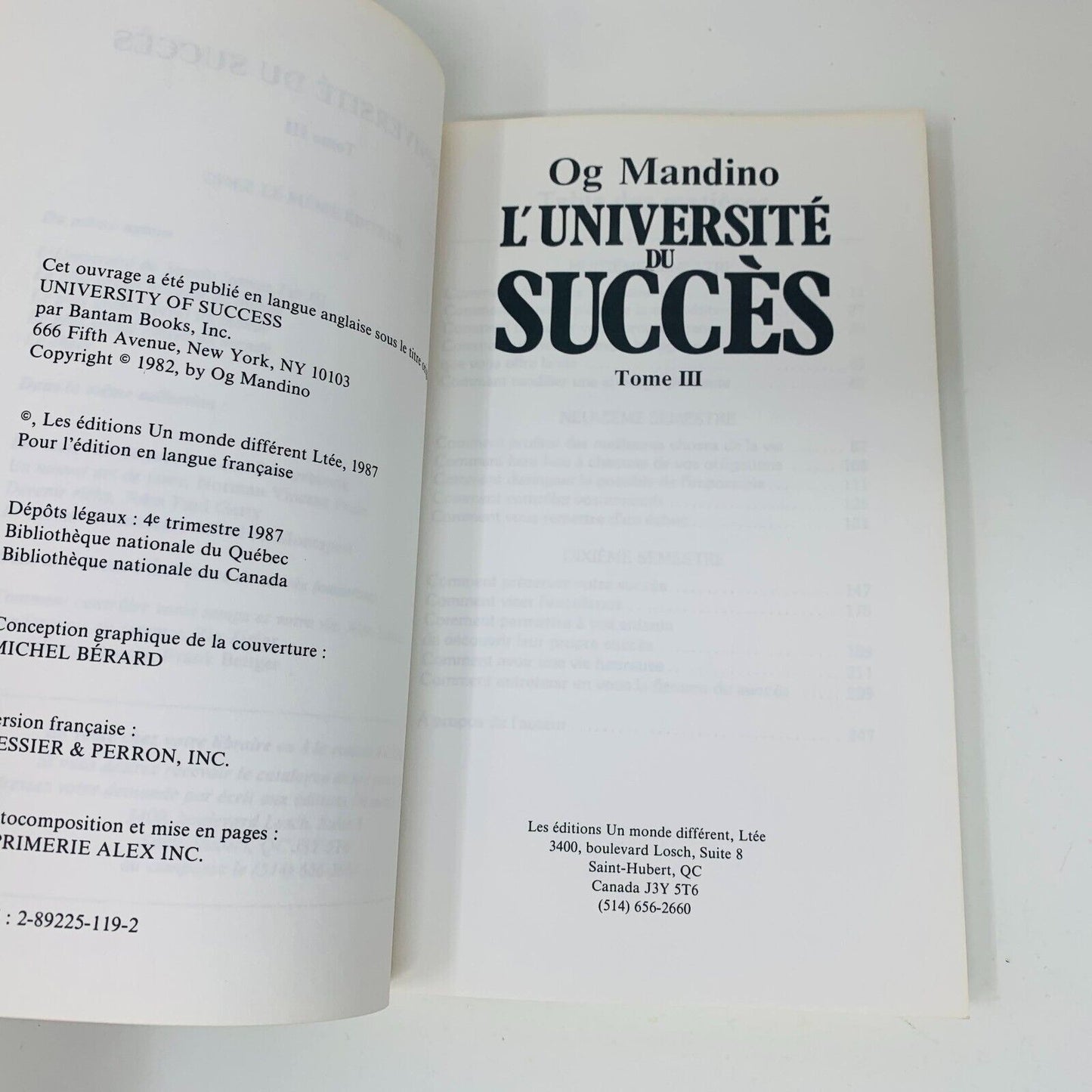 1987 L'Université du Succès Tome #2-3 Og Mandino Un Monde Différent Lot Livres