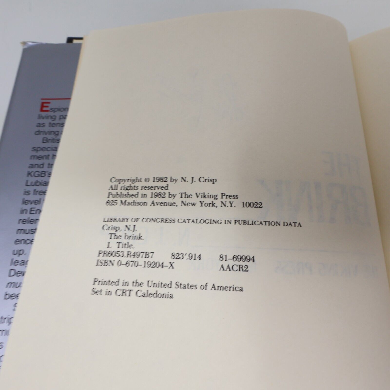 1982 The Brink N. J. Crisp Espionage Spy Thriller Viking Hardcover Book 80s HC