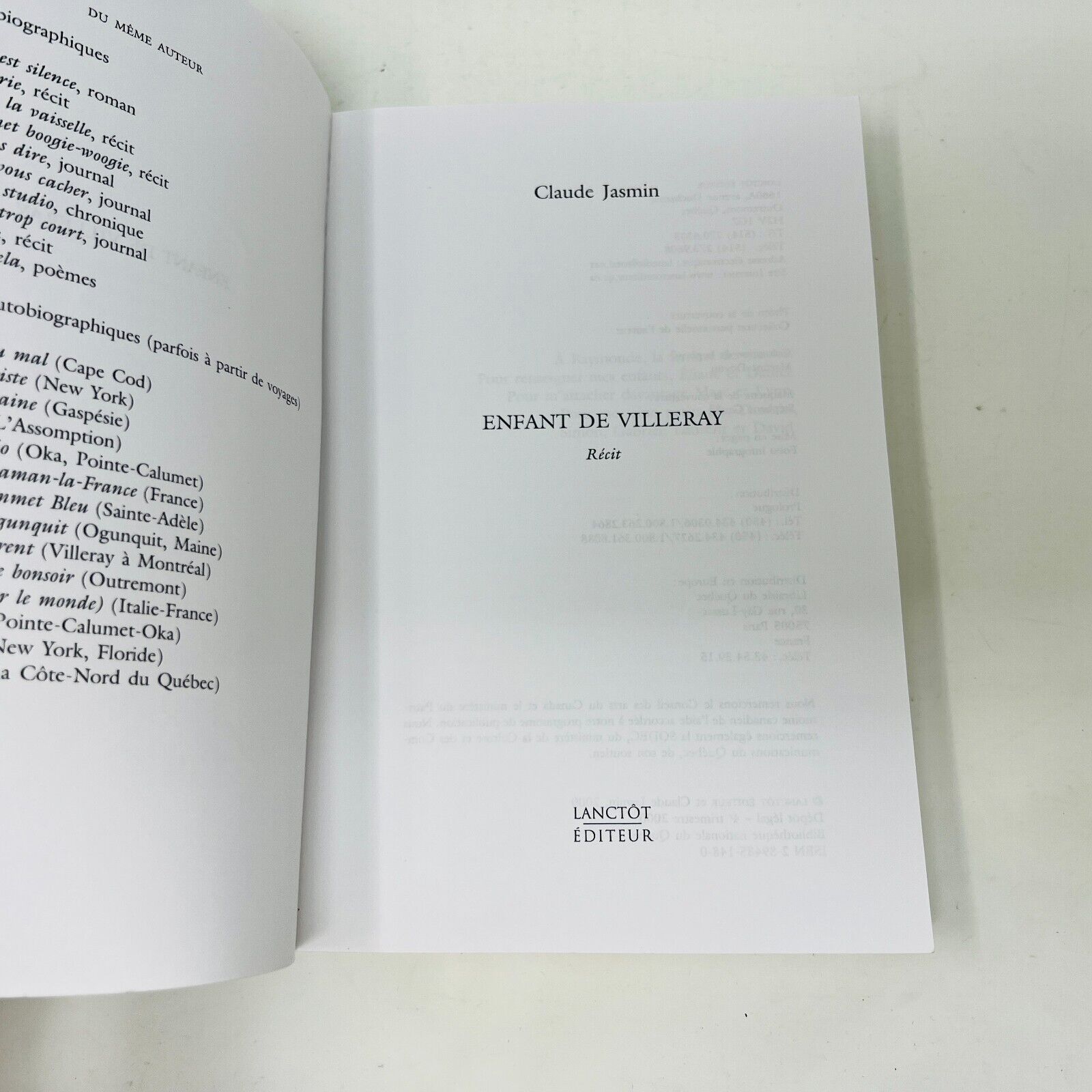 2001 Enfant De Villeray de Claude Jasmin Livre Lanctôt Montréal Biographie