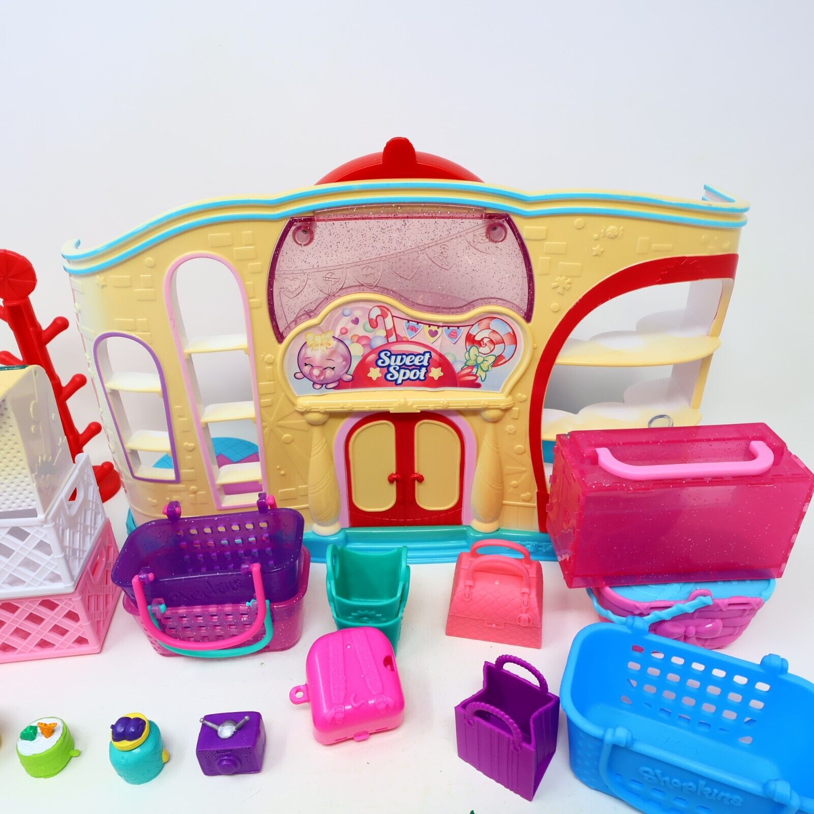Lot of 20 Shopkins Figures + Sweet Spot Candy Shop Toys Baskets Mixed Moose