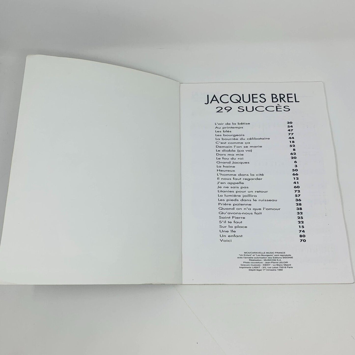 1992 Jacques Brel 29 Succès Songbook Partitions Piano MCA Caravelle Music France