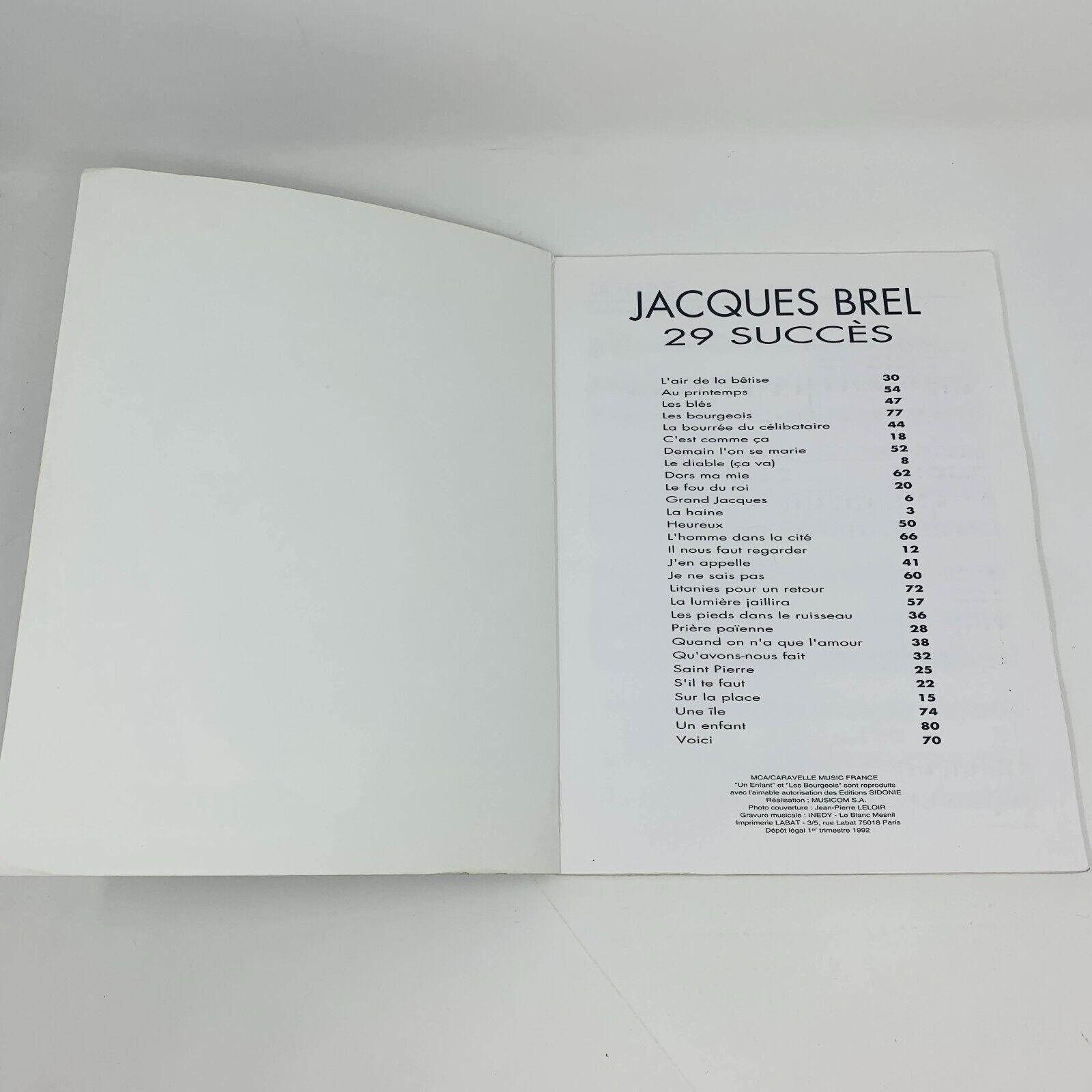 1992 Jacques Brel 29 Succès Songbook Partitions Piano MCA Caravelle Music France