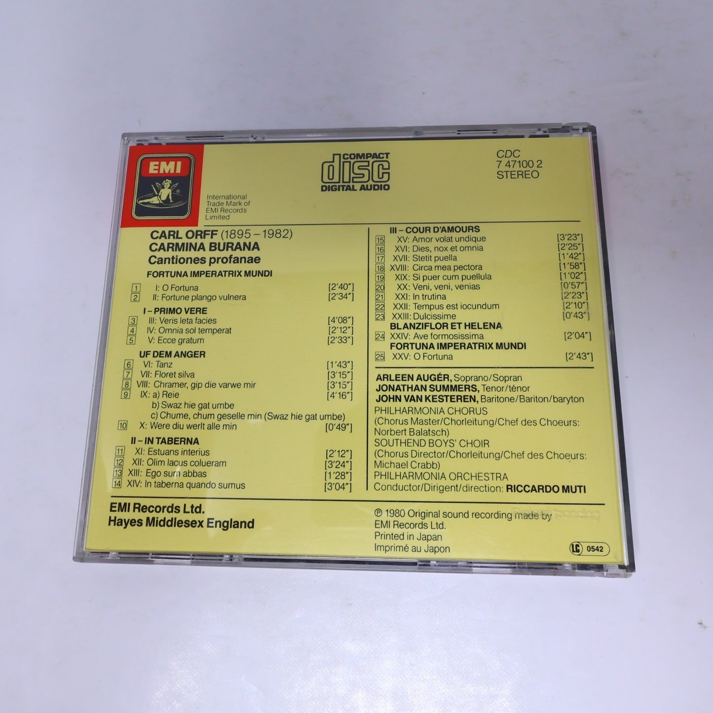 Carmina Burana CD Carl Orff/Riccardo Muti/Jonathan Summers Opera Classical 80s