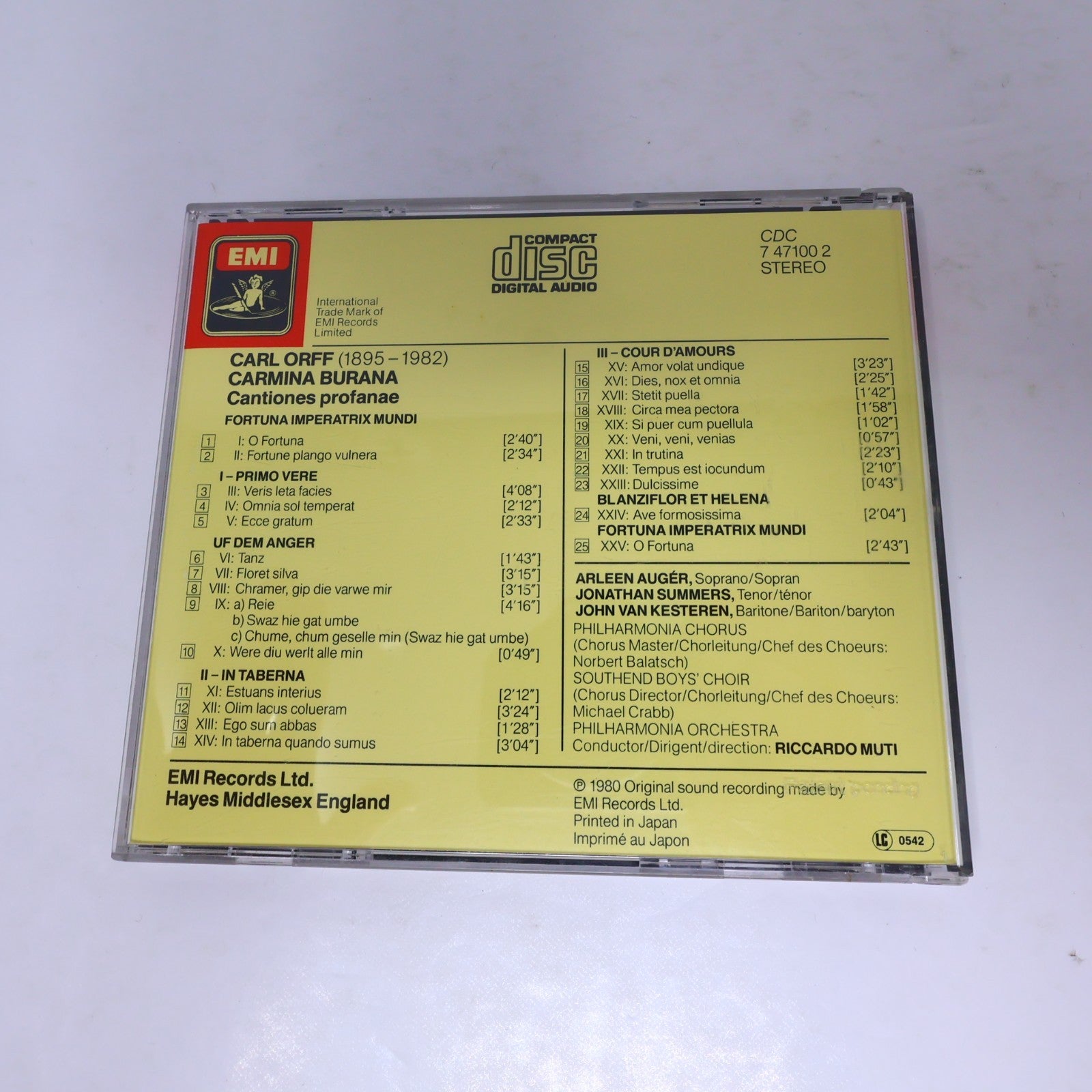 Carmina Burana CD Carl Orff/Riccardo Muti/Jonathan Summers Opera Classical 80s