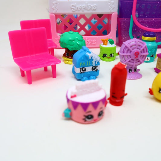 Lot of 20 Shopkins Figures + Sweet Spot Candy Shop Toys Baskets Mixed Moose