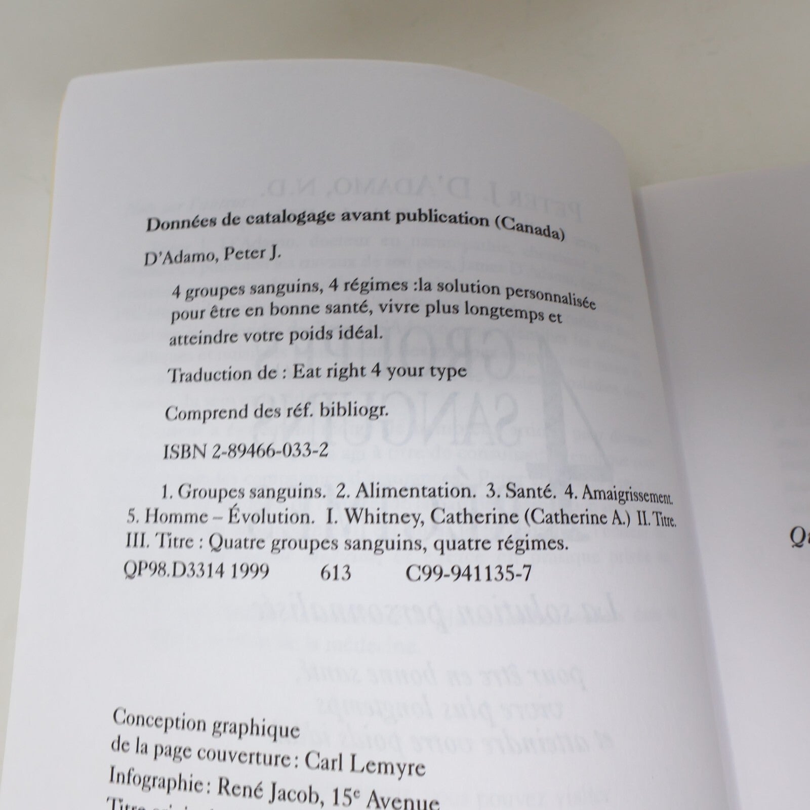1999 4 Groupes Sanguins 4 Régimes Peter d'Adamo du Roseau Alimentation Nutrition