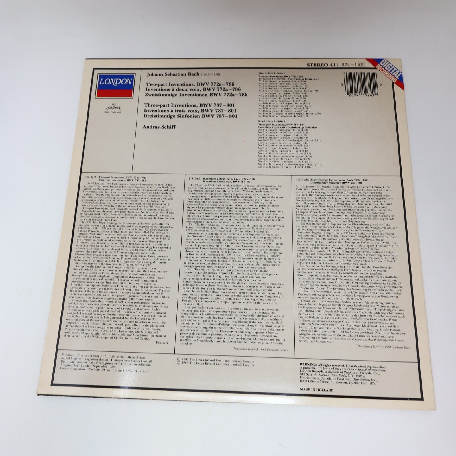 J.S. Bach András Schiff Two-Part/Three-Part Inventions Piano LP Record 411 974-1
